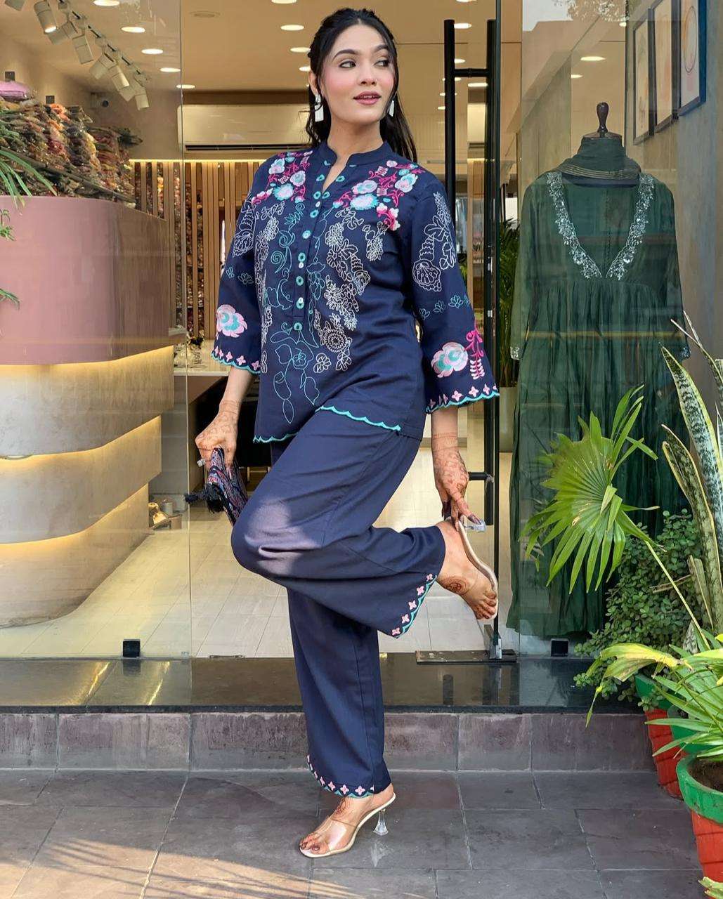 Women's Cotton Embroidery Straight Kurti With Pant Set