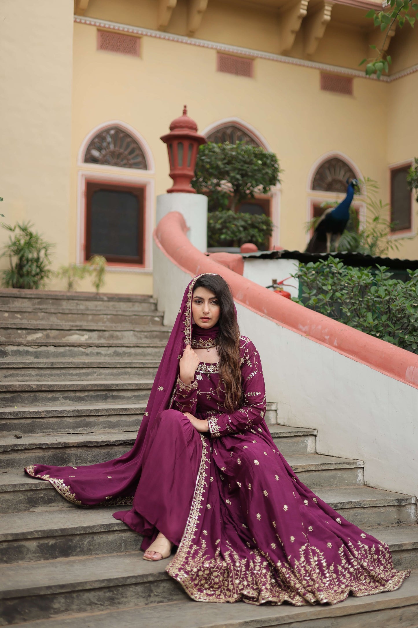 Wine Premium Chinon Sequins Embroidered Kurti with Sharara & Dupatta Set