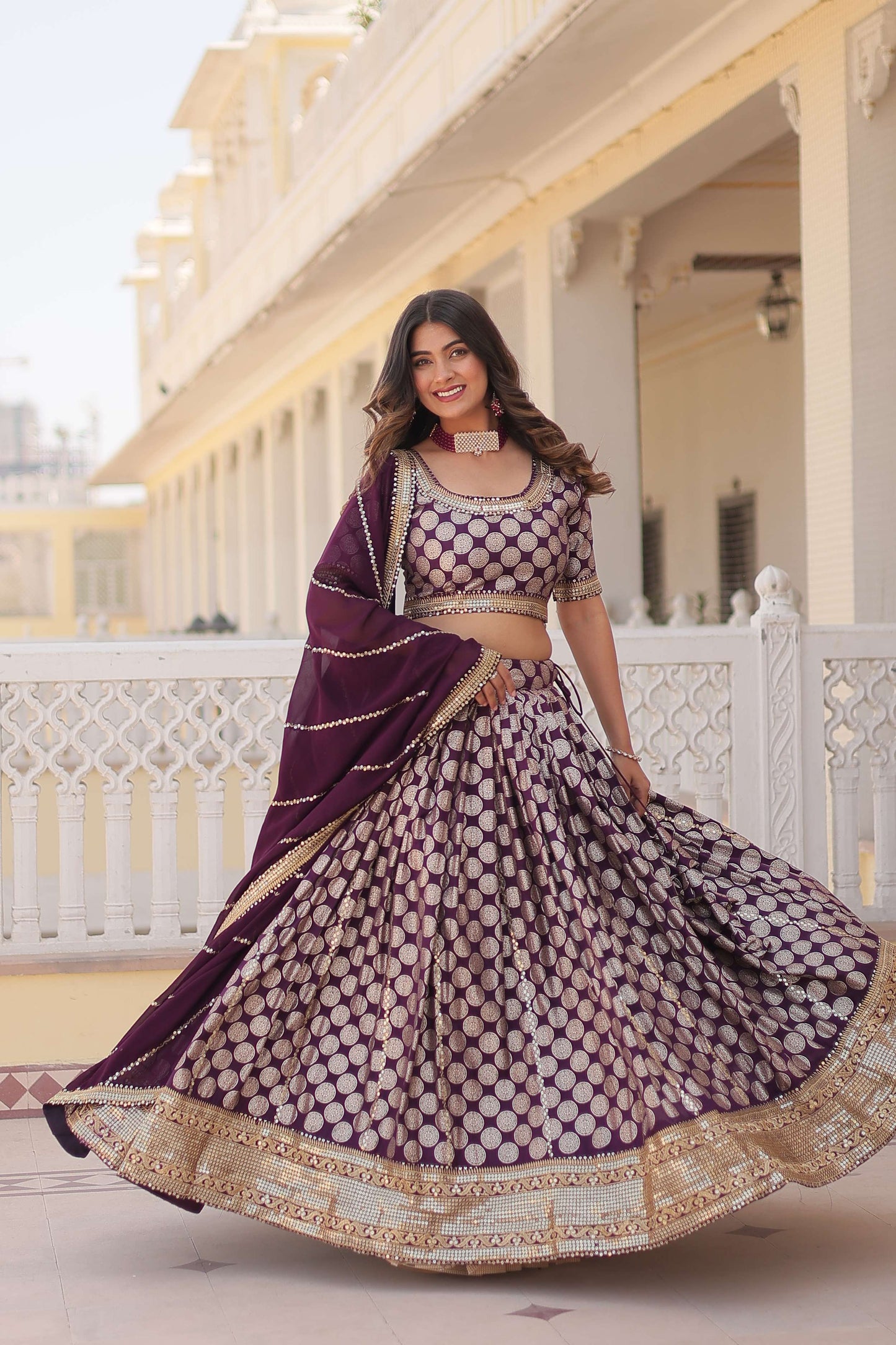 Designer Dyable Viscose Jacquard Lehenga Choli with Sequins Dupatta