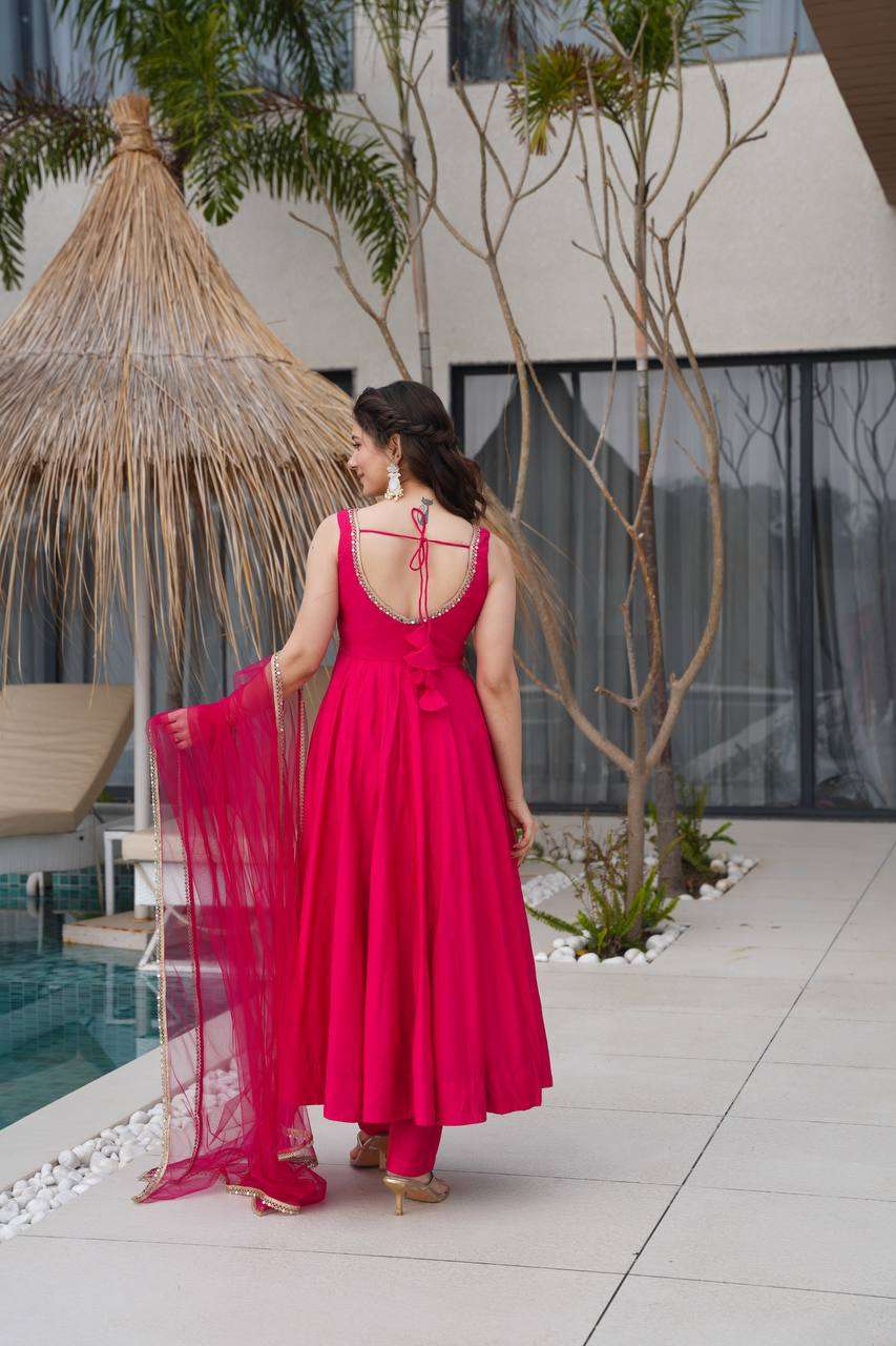 Womens Pure Romansilk Chanderi Anarkali Kurti with Pant & Dupatta Set
