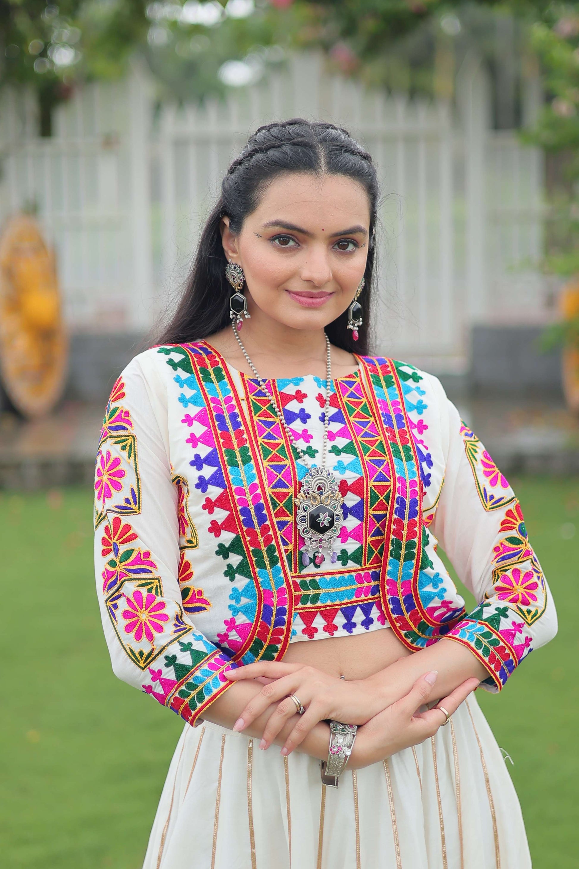 Vibrant Roman Fabric Navratri Lehenga Choli Set with Koti Blouse