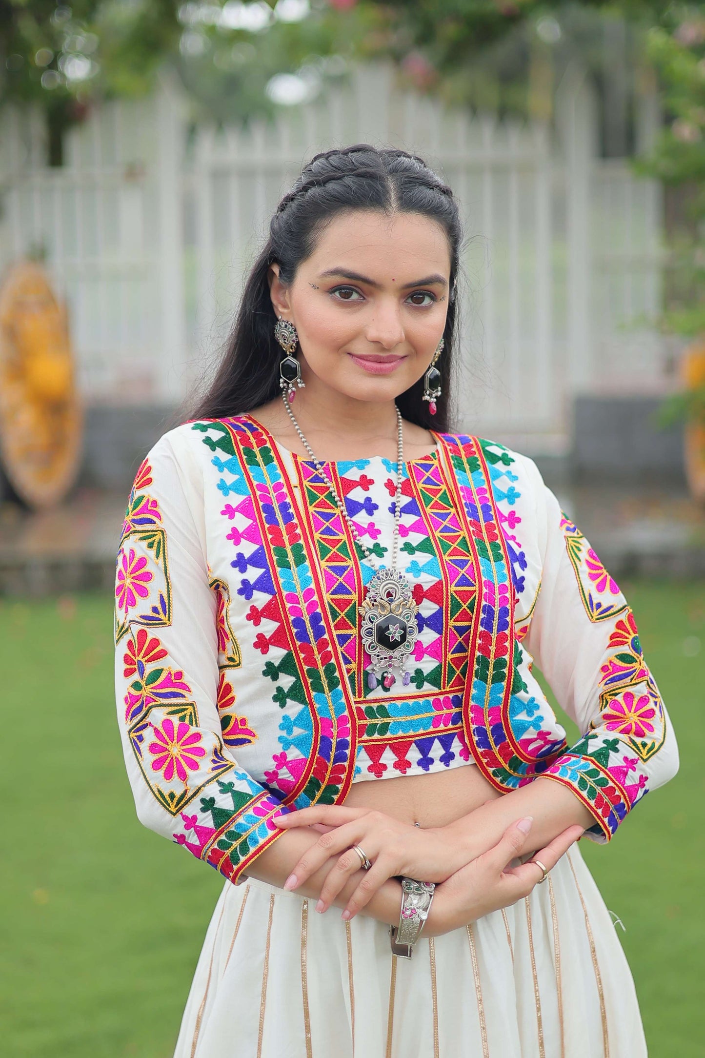 Vibrant Roman Fabric Navratri Lehenga Choli Set with Koti Blouse