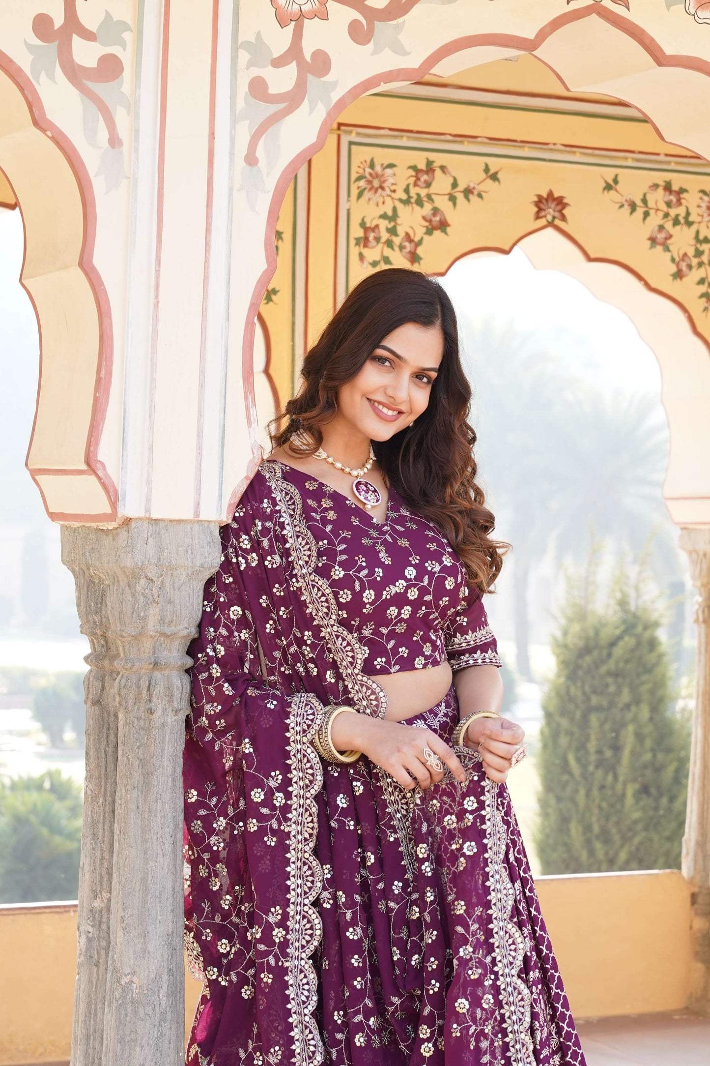 Designer Pure Viscose Jacquard Lehenga Choli with Sequins Dupatta 