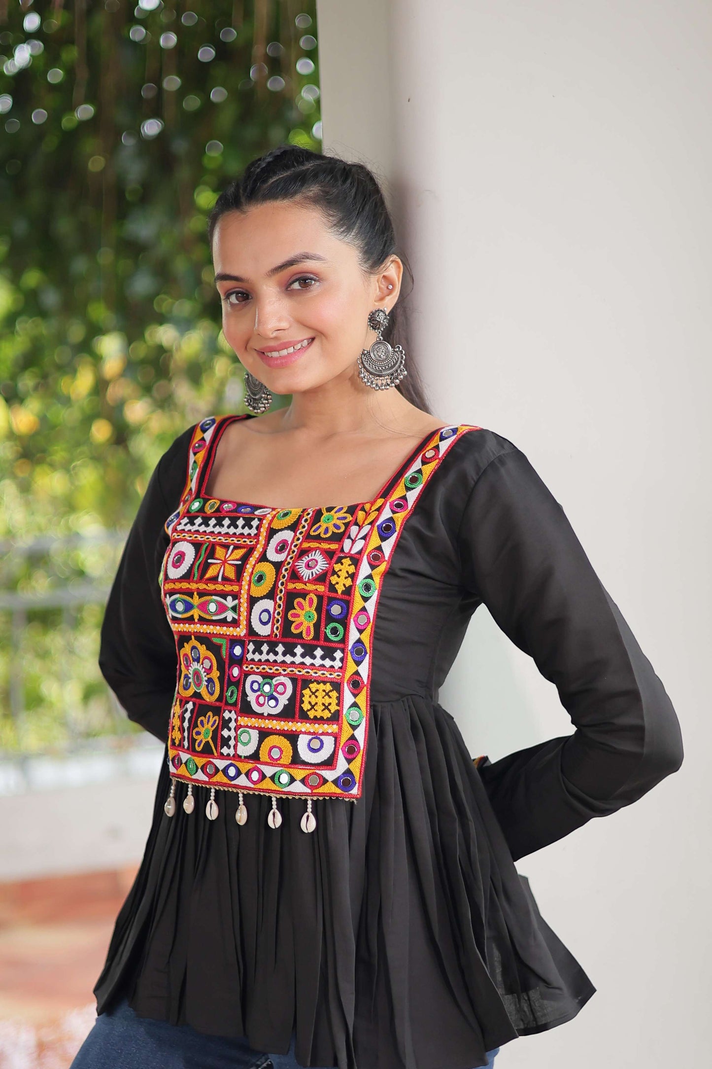 Black Navratri Special Black Peplum Top in Roman Fabric with Kutchi Gamthi Work – Festive Ethnic Wear