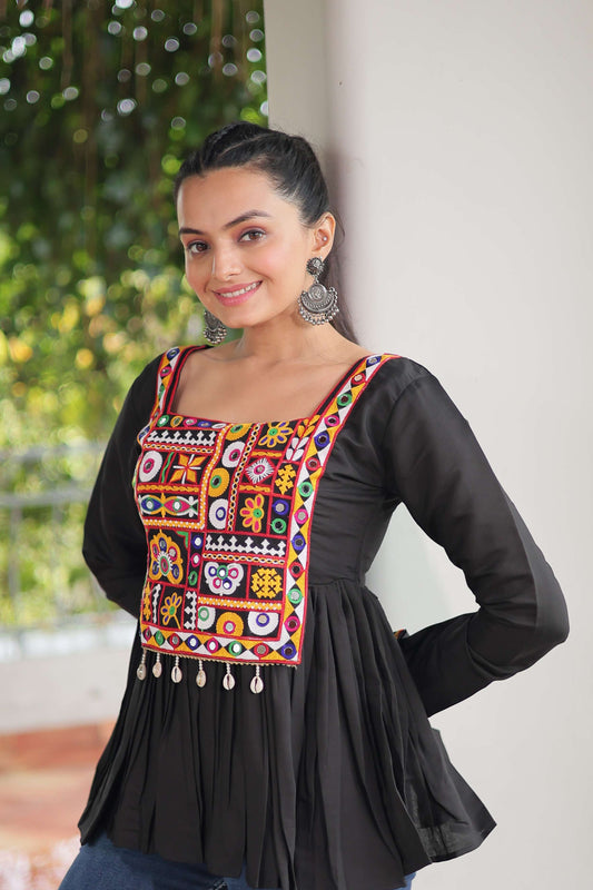Black Navratri Special Black Peplum Top in Roman Fabric with Kutchi Gamthi Work – Festive Ethnic Wear