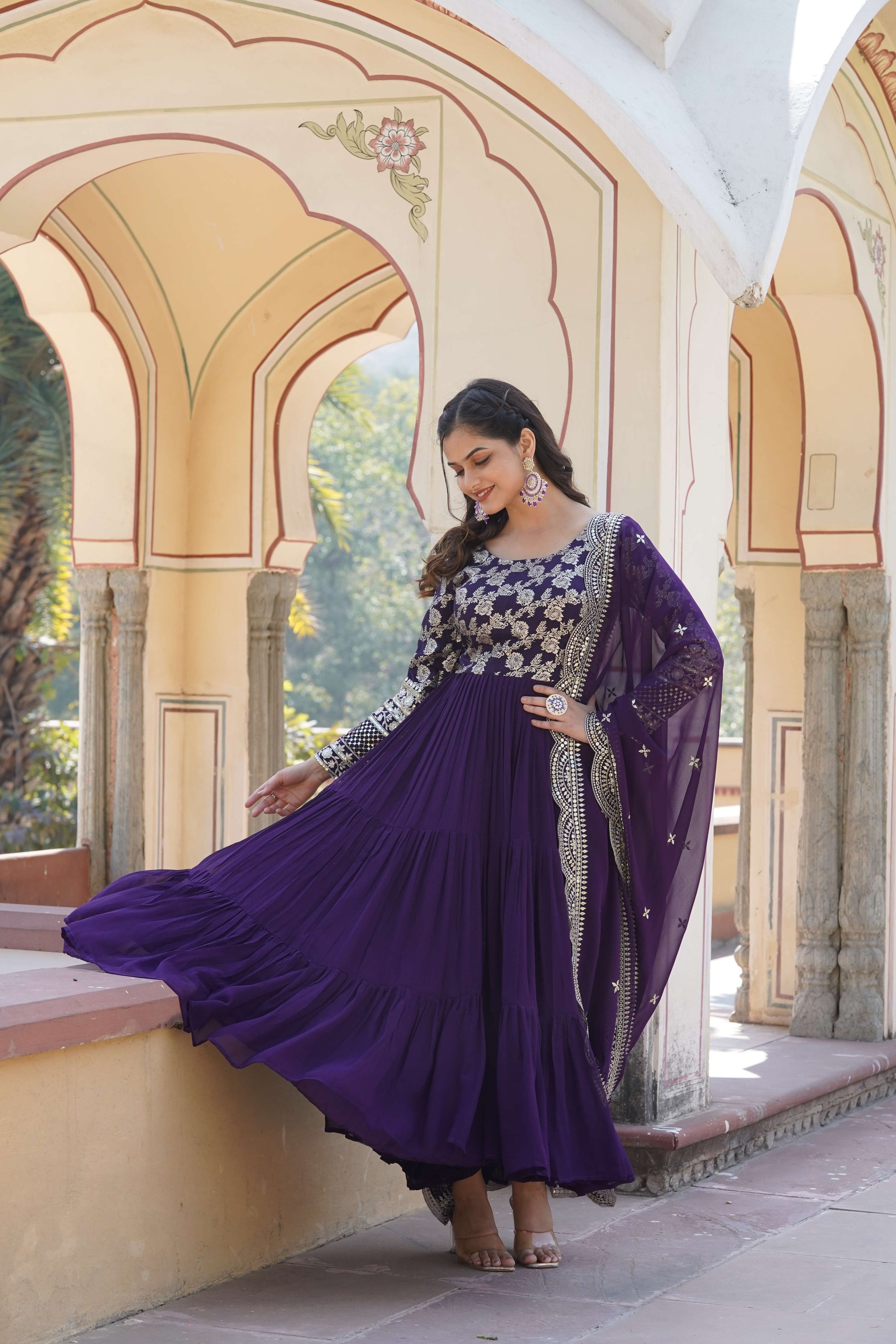 Purple Faux Blooming Designer Gown with Sequined Dupatta  Elegant Fully Flared Ready-to-Wear Set