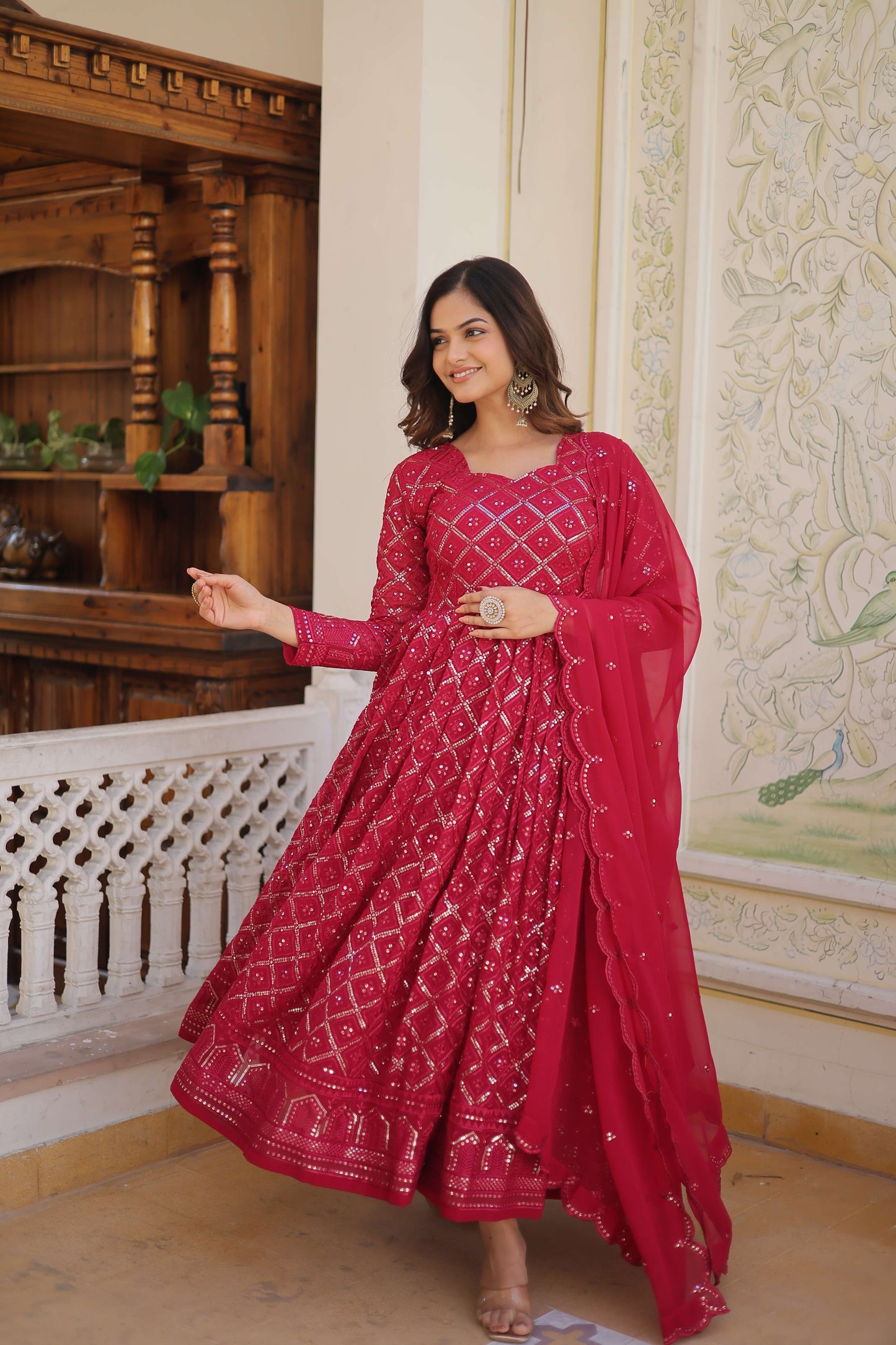 Rani Faux Blooming Designer Gown with Sequined Dupatta  Elegant Fully Flared Party & Wedding Set