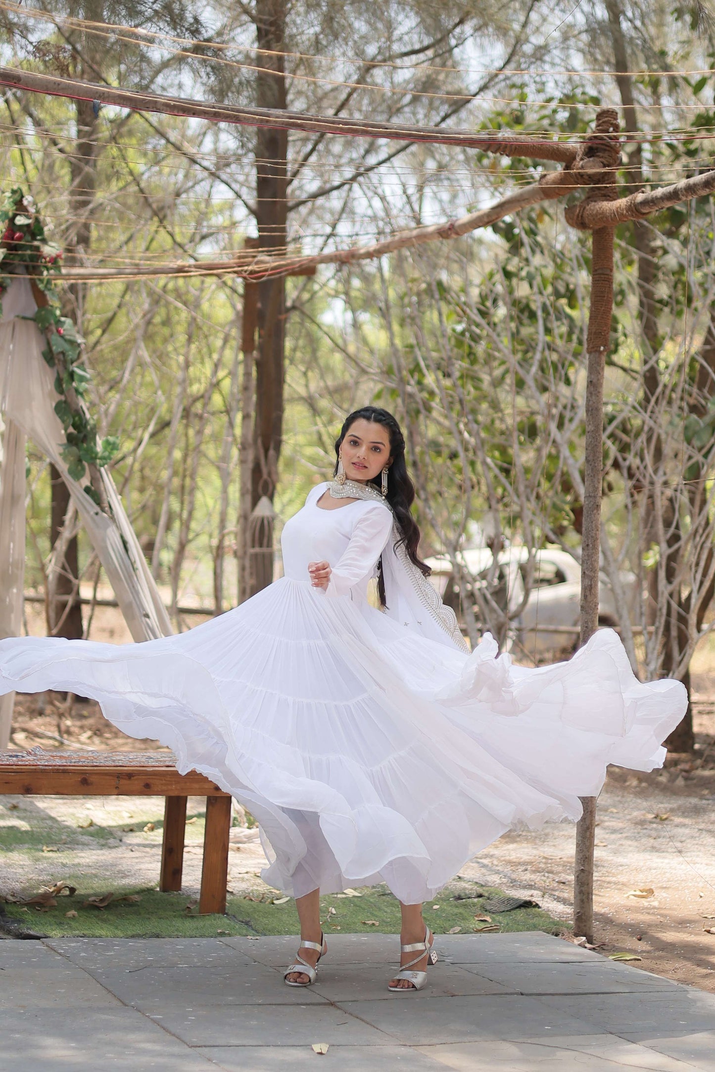 White Premium Faux Georgette Designer Gown with Sequined Dupatta  Fully Flaired Ready-to-Wear Set