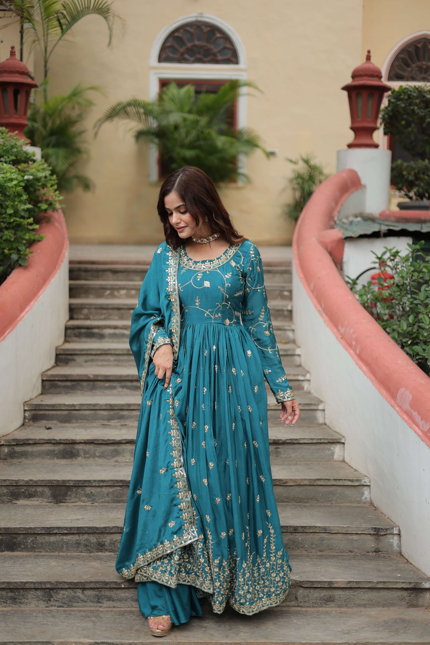 Blue Premium Chinon Sequins Embroidered Kurti with Sharara & Dupatta Set