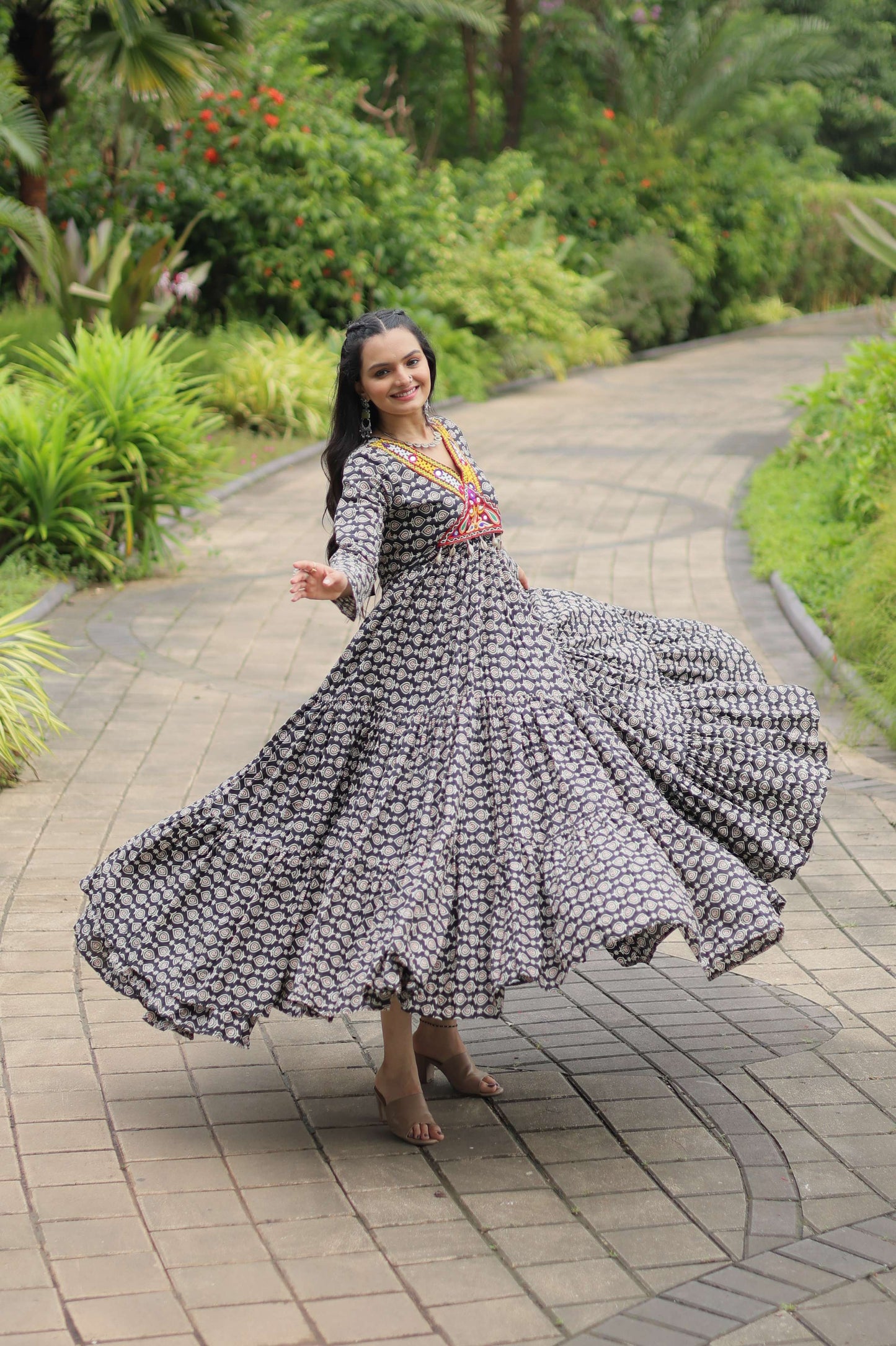 Black Designer Printed Cotton Gown with Kutchi Gamthi Lace & Kodi Work