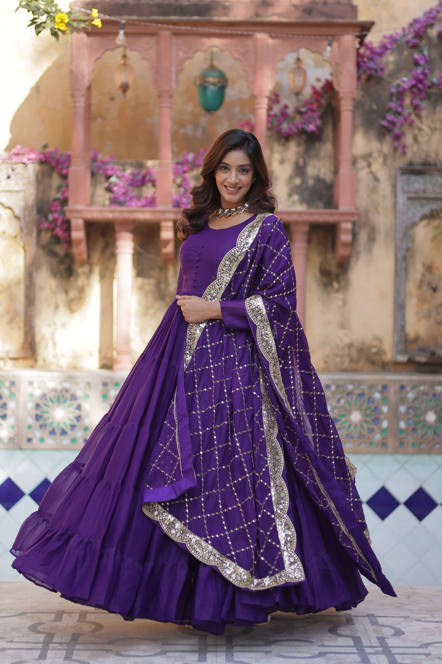 Jambli Star Georgette Fully Flared Gown with Sequins Embroidered Dupatta