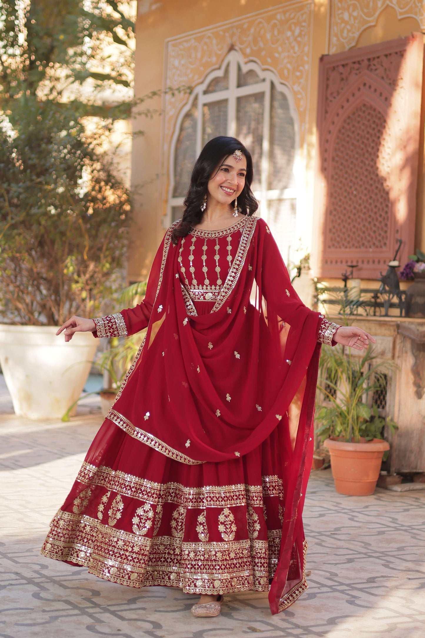 Maroon Faux Blooming Gown with Zari & Sequins Embroidered Dupatta with Designer Lace Border