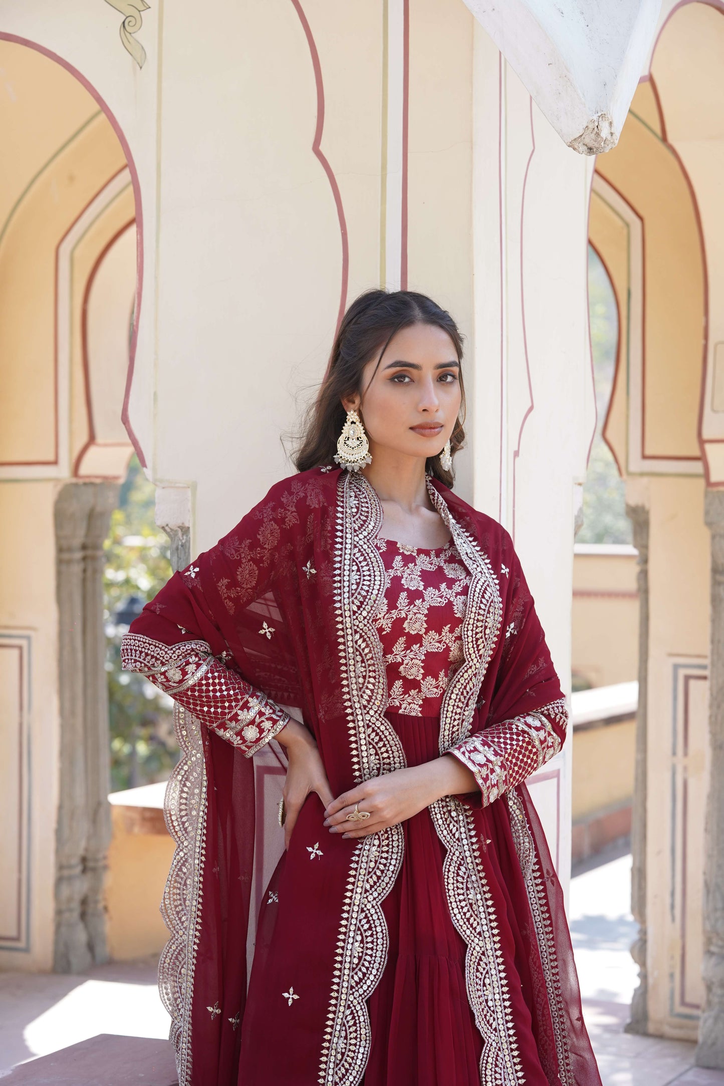Maroon Faux Blooming Designer Gown with Sequined Dupatta  Fully Flared Elegant Ready-to-Wear Set