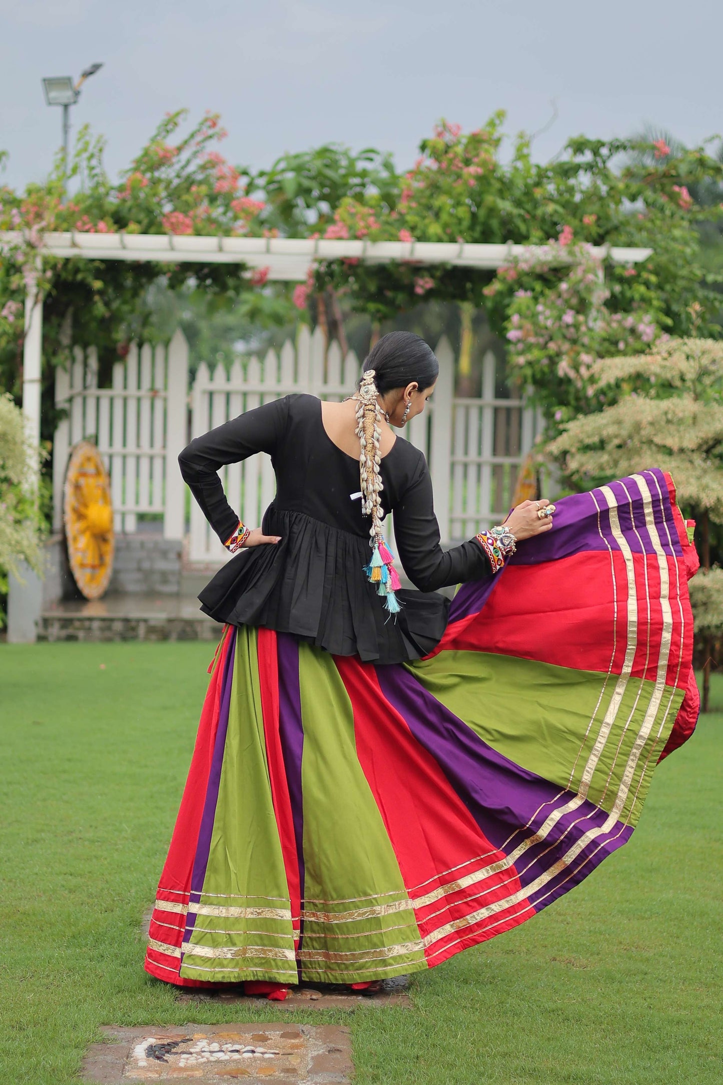 Multicolor Navratri Lehenga Choli Set with Black Peplum Top