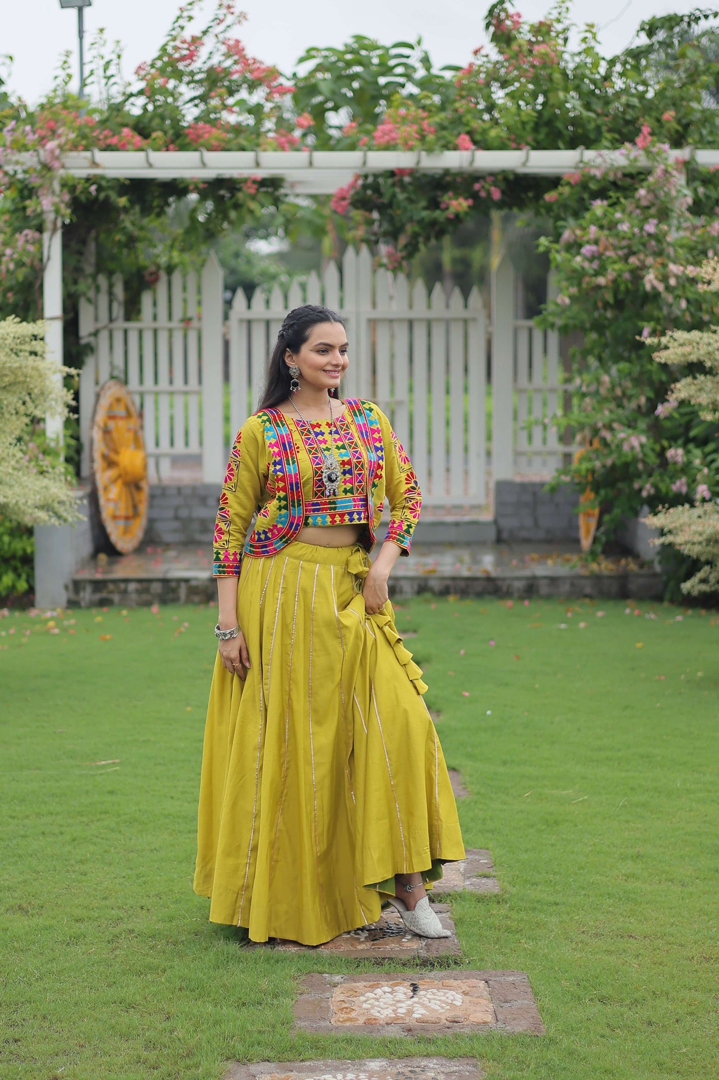 Vibrant Roman Fabric Navratri Lehenga Choli Set with Koti Blouse