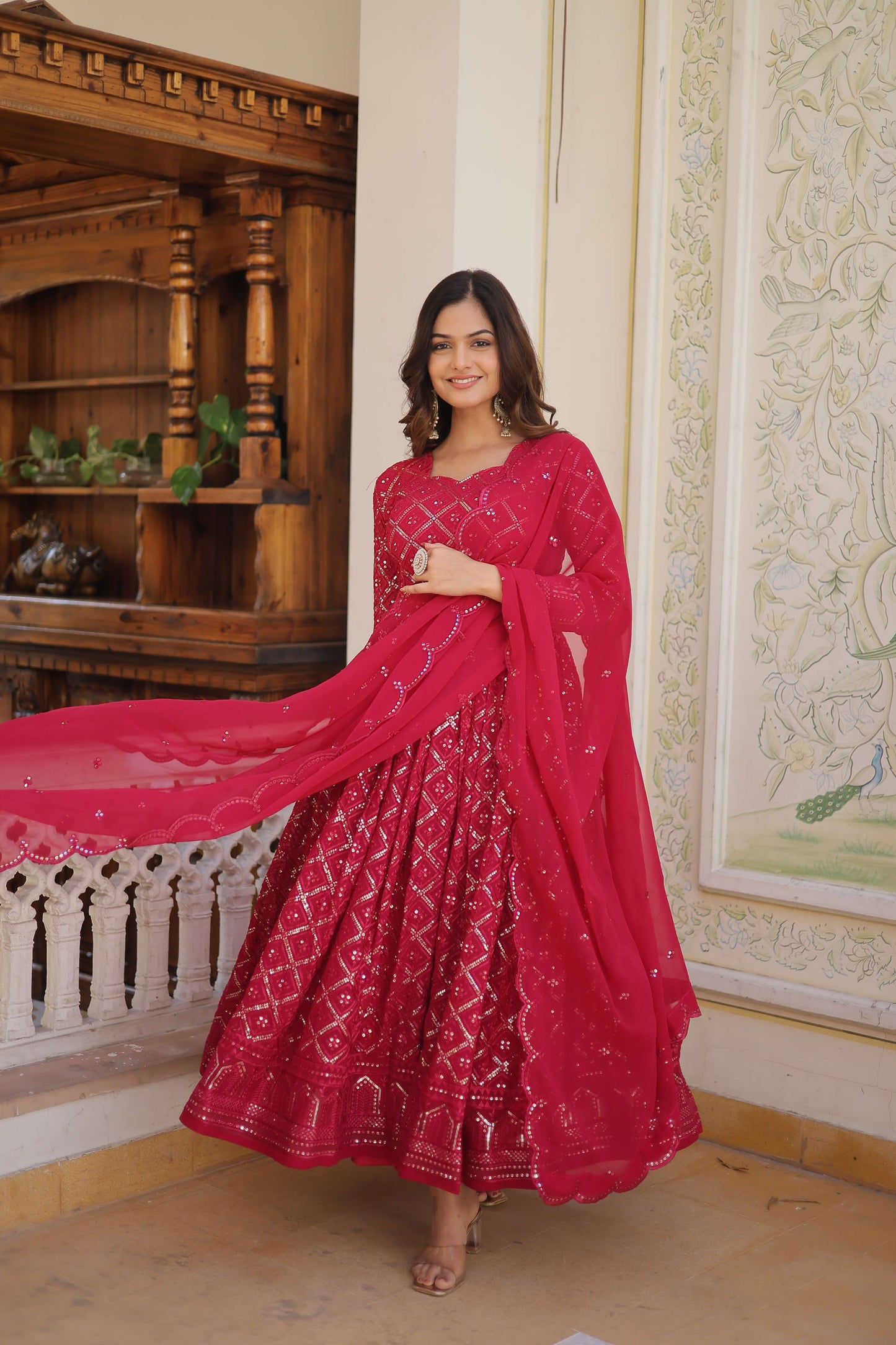 Rani Faux Blooming Designer Gown with Sequined Dupatta  Elegant Fully Flared Party & Wedding Set