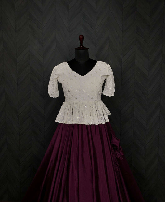 Premium Chinnon Umbrella Flair Lehenga with Chikankari Embroidered Peplum Blouse