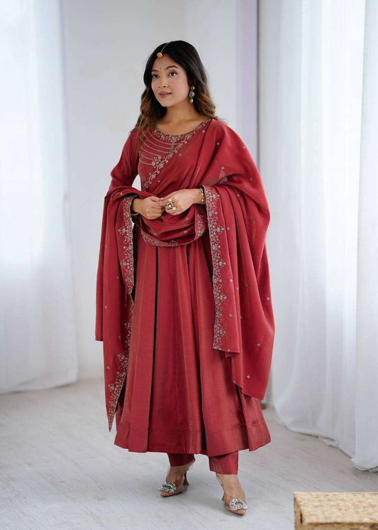 Womens Pure Romansilk Chanderi Embroidered Anarkali Kurti With Dupatta & Pant Set