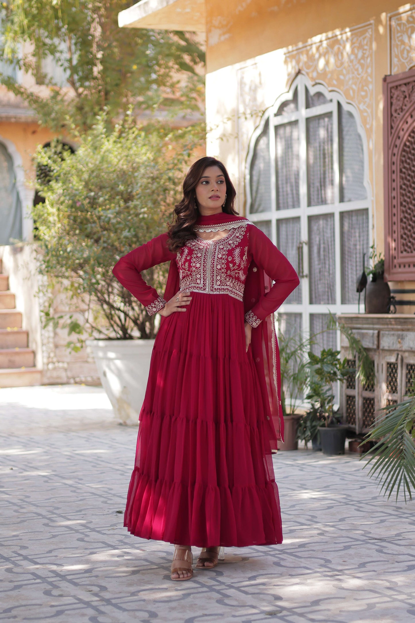 Pink Faux Blooming Georgette Gown with Pearl-Embroidered Dupatta