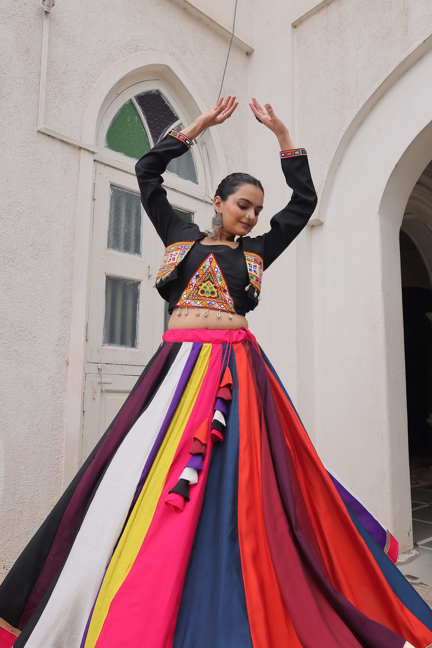 Multicolor Roman Fabric Navratri Lehenga Choli Set with Mirror & Gota Lace