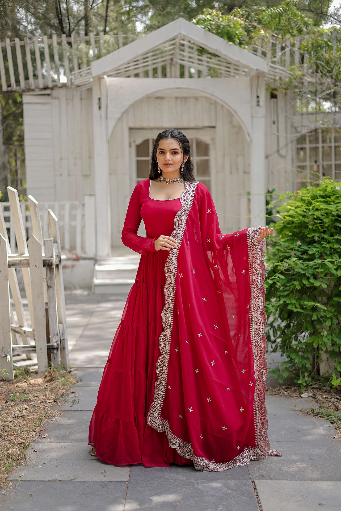 Pink Premium Faux Georgette Designer Gown with Sequined Dupatta  Fully Flaired Ready-to-Wear Set