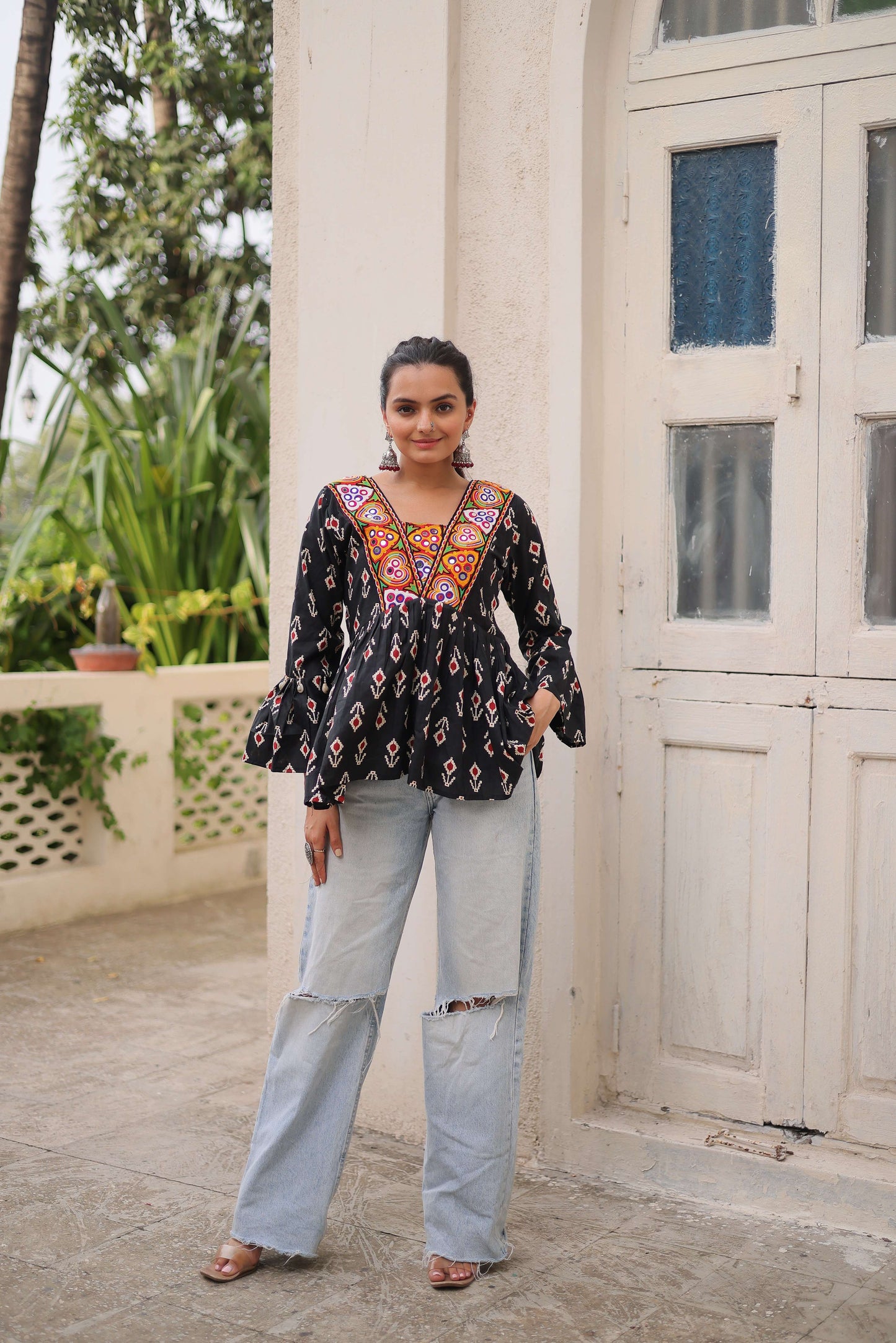 Black Cotton Printed Navratri Top with Kutchi Patch Work & Patterned Neck – Ethnic Festive Wear for Women