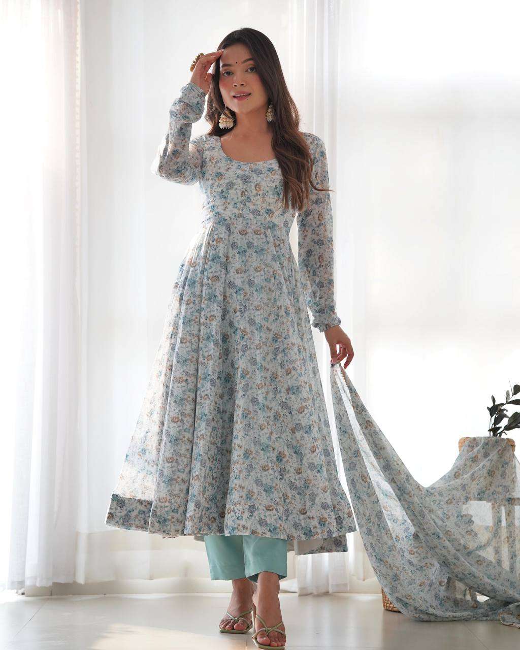 Womens Crunchy Silk Anarkali Kurti with Pant & Dupatta Set