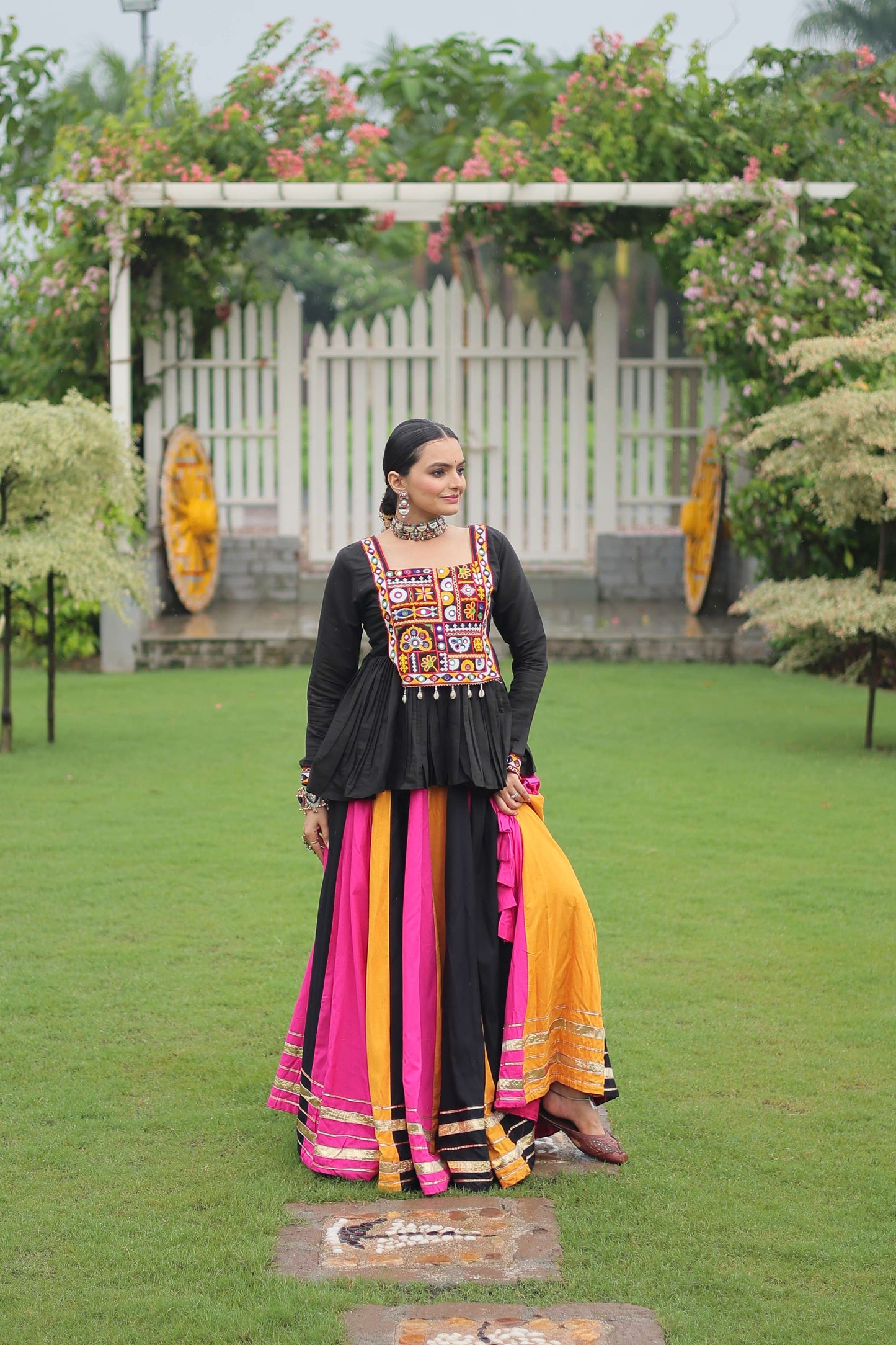 Multicolor Navratri Lehenga Choli Set with Black Peplum Top