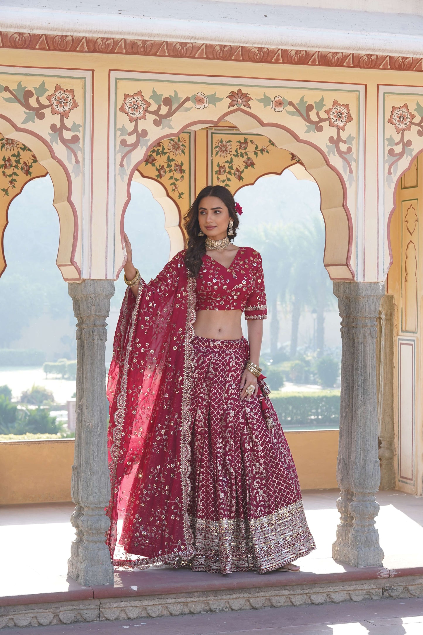 Designer Pure Viscose Jacquard Lehenga Choli with Sequins Dupatta