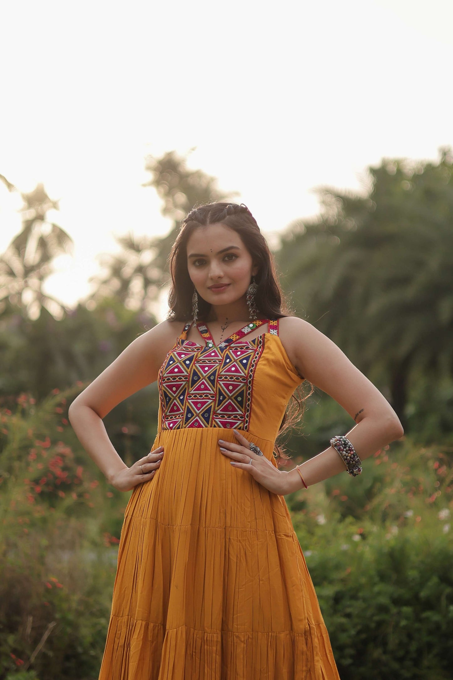 Yellow Navratri Reyon Gown with Kutchi Gamthi Work  Fully Flared Designer Dress