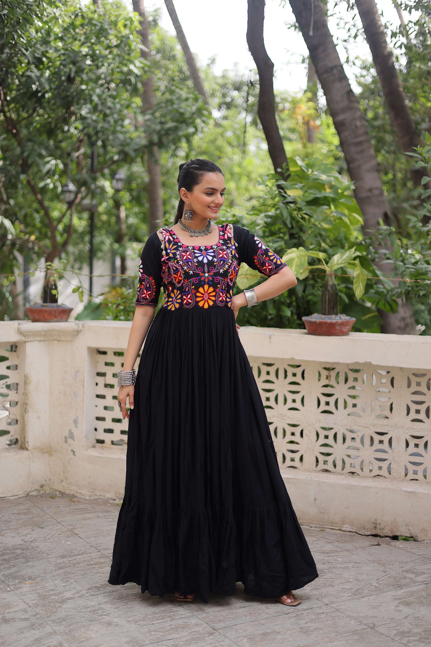 Black Reyon Navratri Gown with Kutchi Gamthi Embroidery & Gathering Frill – Elegant Ethnic Wear for Women