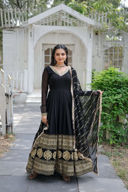 Black Faux Blooming Designer Gown with Sequined Dupatta & Lace Border  Premium Ready-to-Wear Set