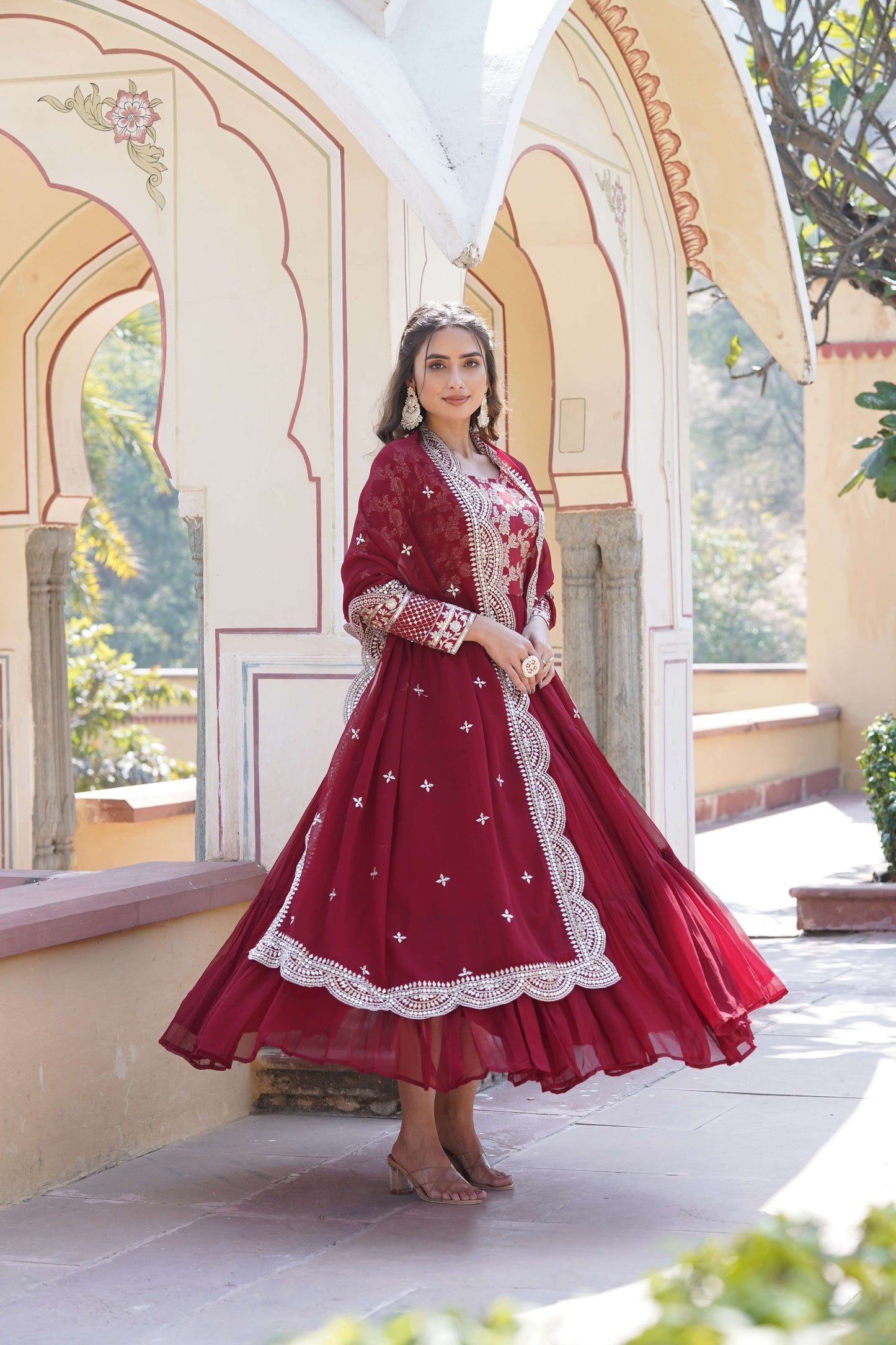 Maroon Faux Blooming Designer Gown with Sequined Dupatta  Fully Flared Elegant Ready-to-Wear Set