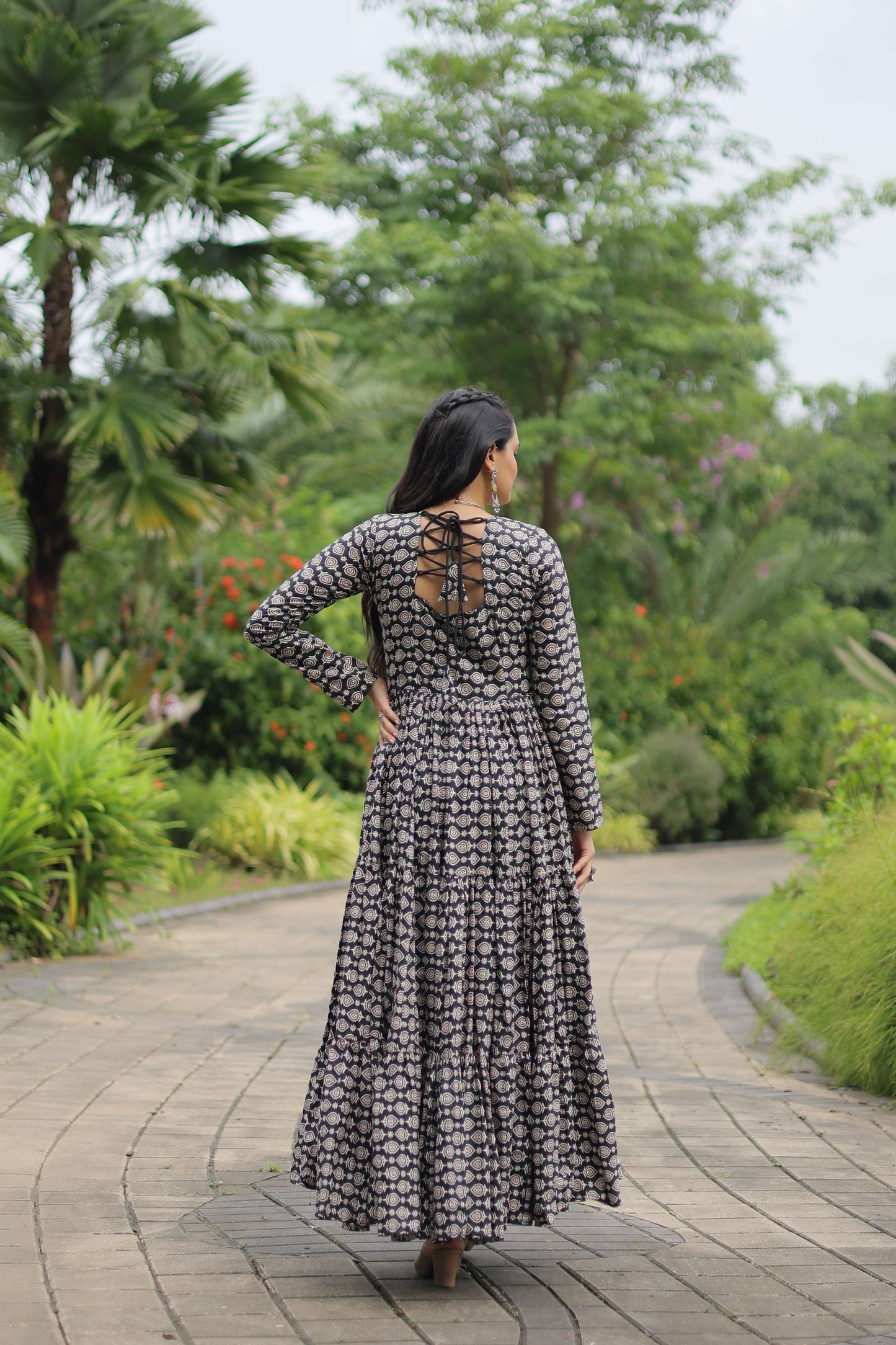 Black Designer Printed Cotton Gown with Kutchi Gamthi Lace & Kodi Work
