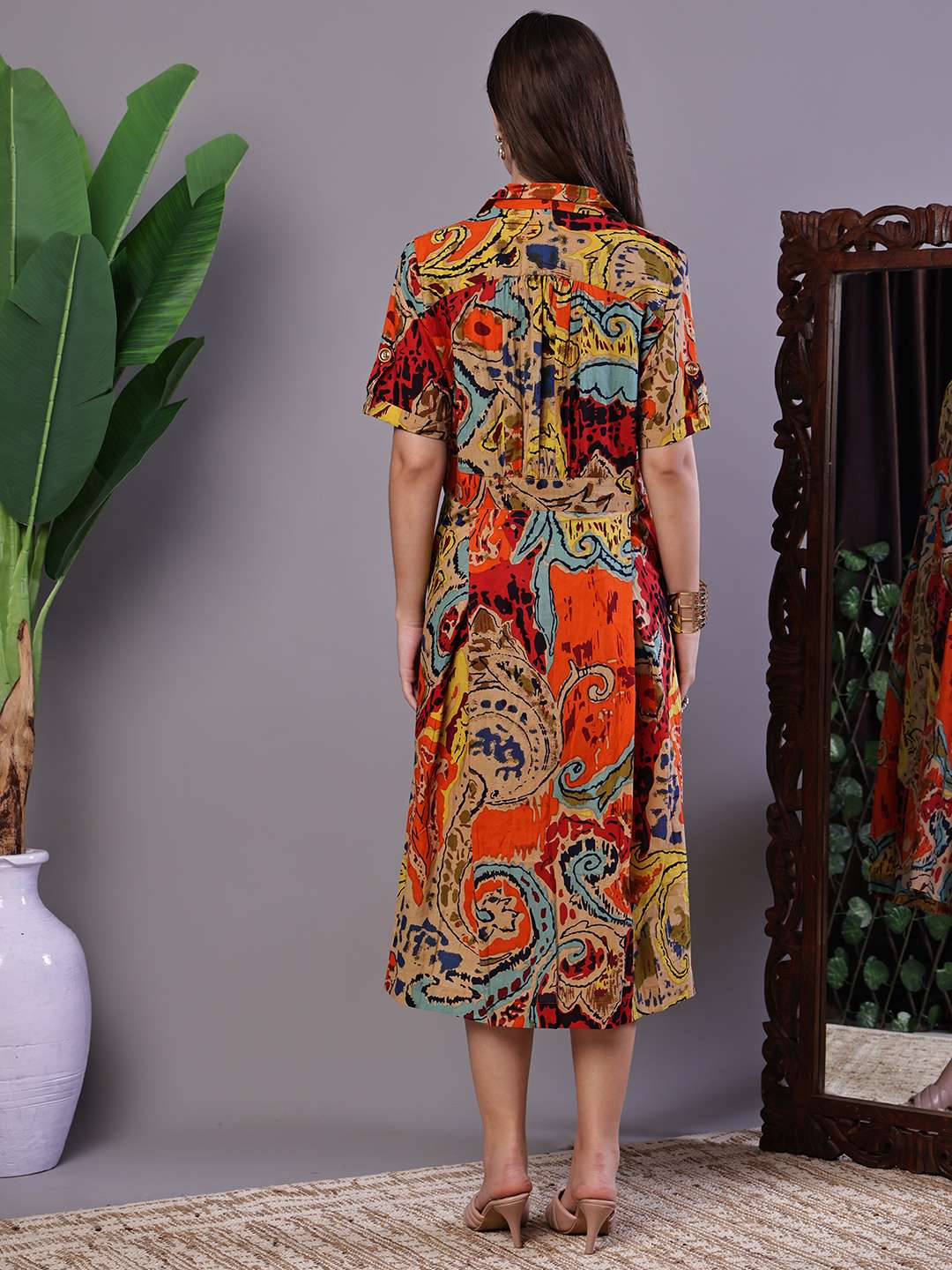 Women's Bohemian Chic Multi-Color Paisley Print Cotton Collared Midi Dress