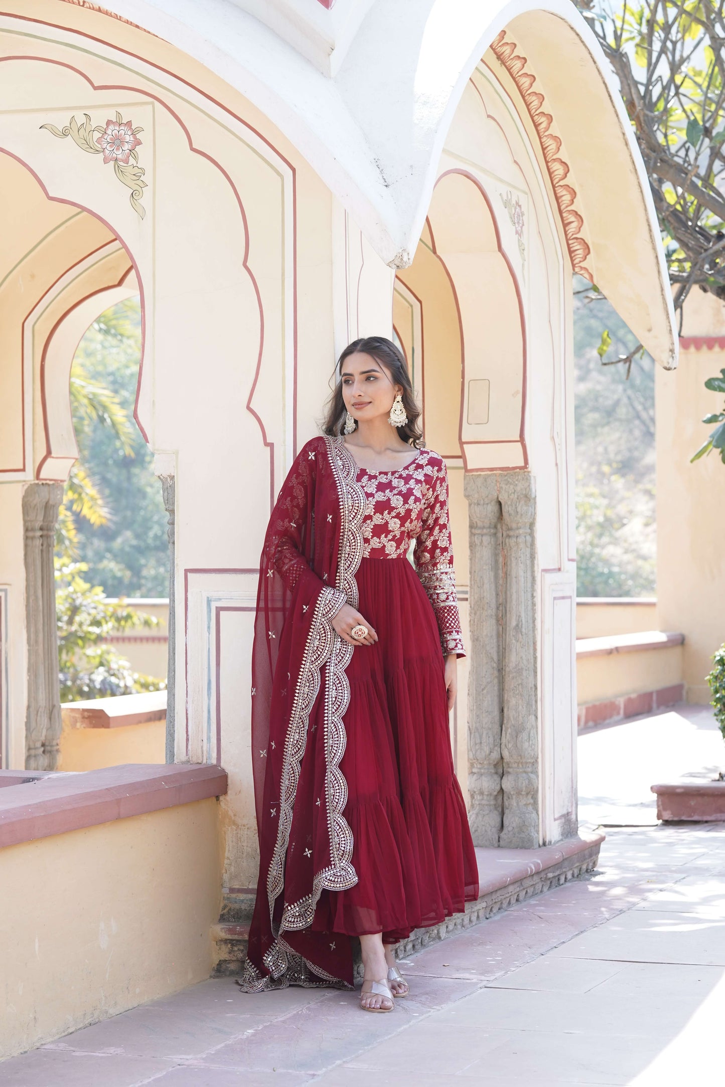 Maroon Faux Blooming Designer Gown with Sequined Dupatta  Fully Flared Elegant Ready-to-Wear Set