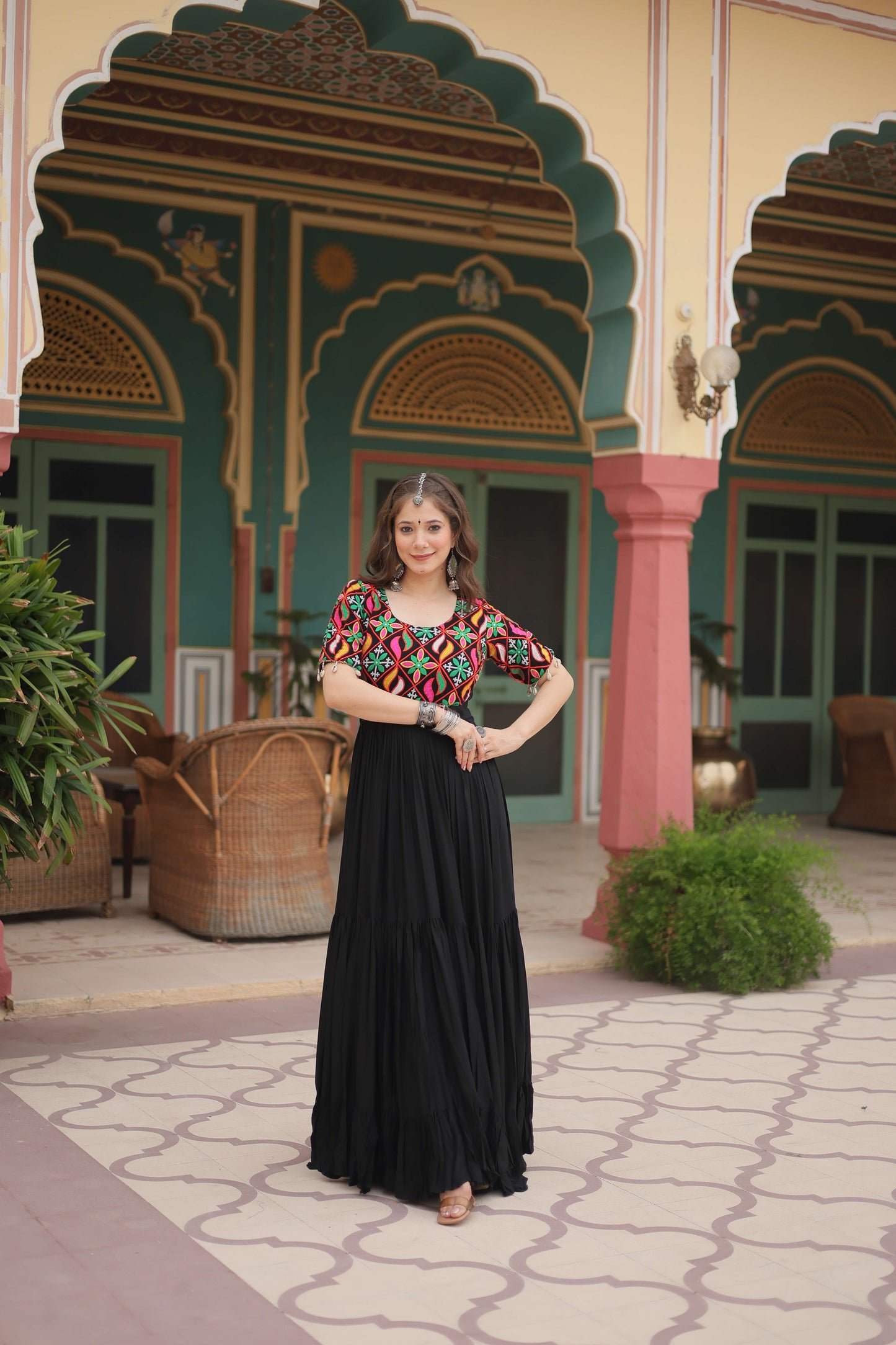 Black Elegant Kutchi Gamthi Work Reyon Gown with Heavy Flair