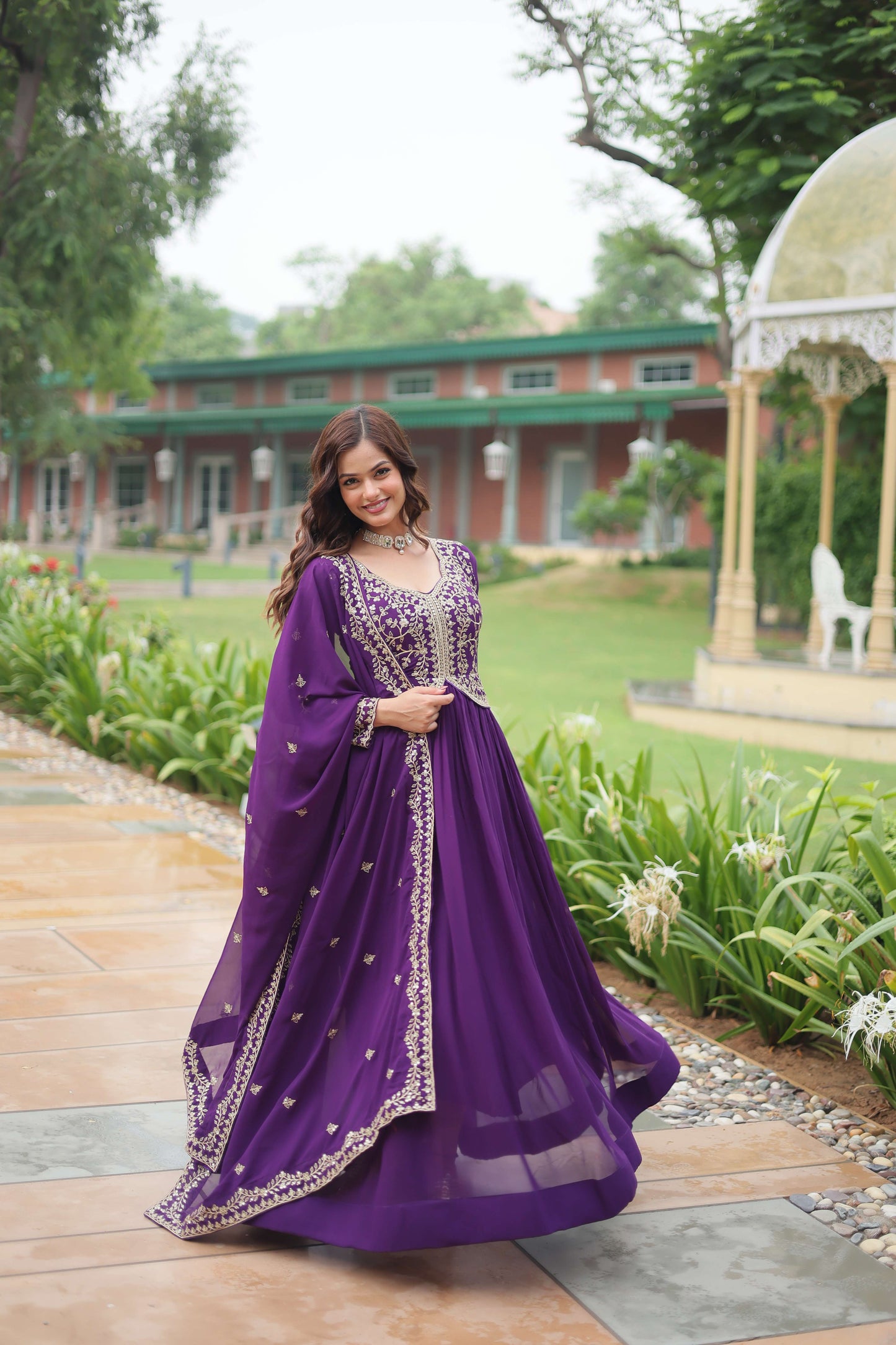 Purple Faux Blooming Sequins & Zari Embroidered Gown with Matching Dupatta