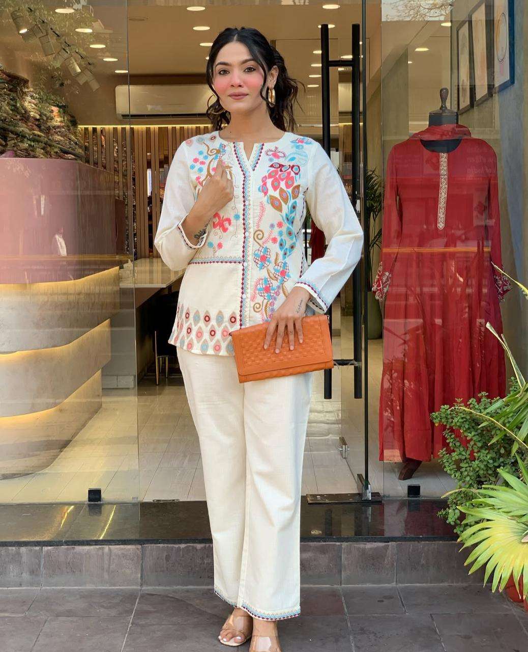 Women's Cotton Embroidery Straight Kurti With Pant Set