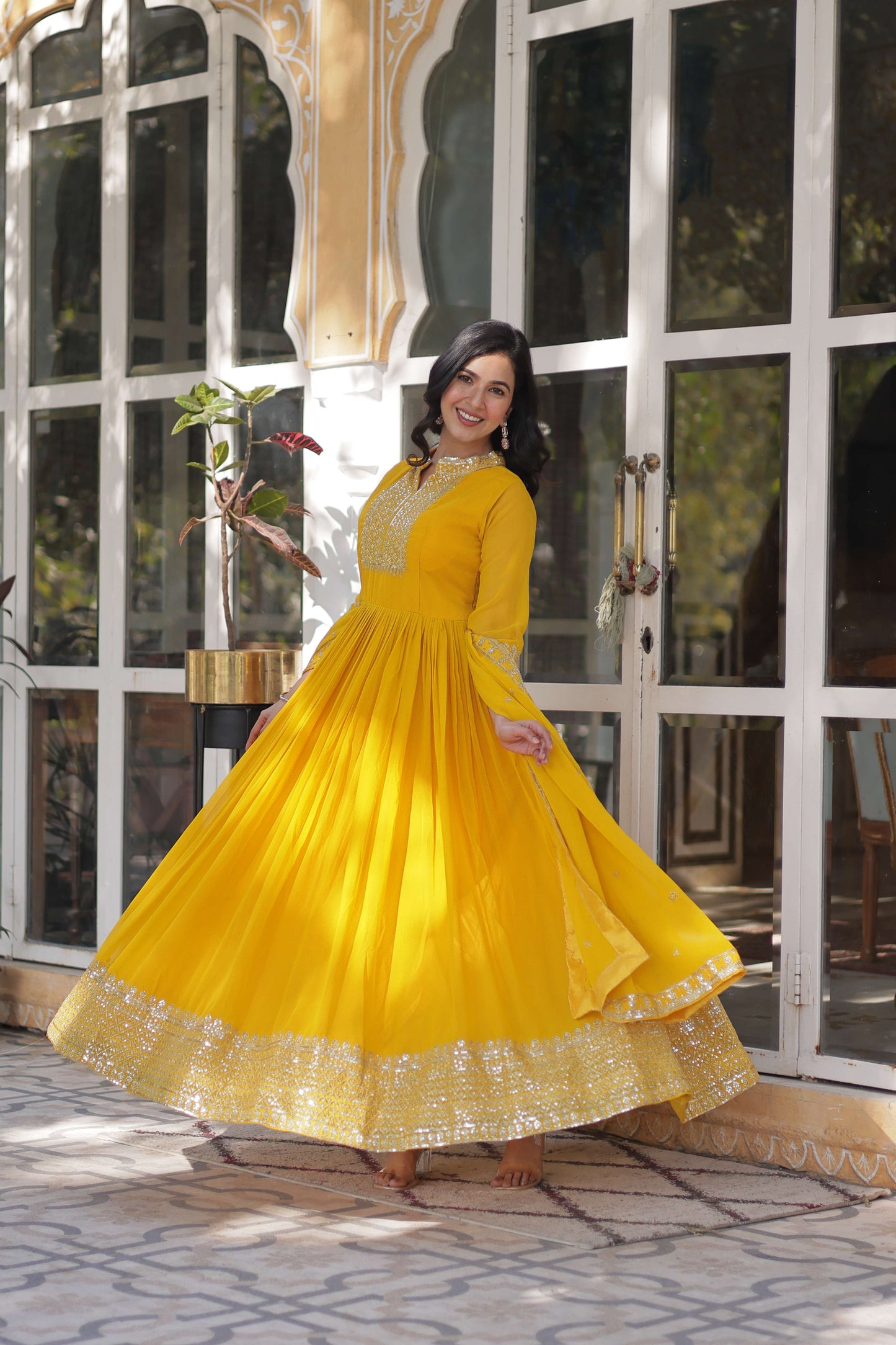 Yellow Faux Blooming Georgette Sequins Embroidered Gown with Matching Dupatta