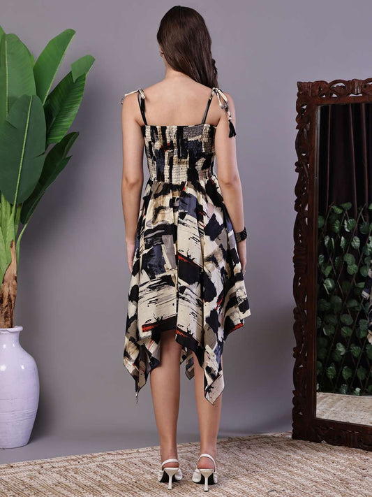 Women's Abstract Print Smocked Asymmetrical Hem Dress Midi Dresses