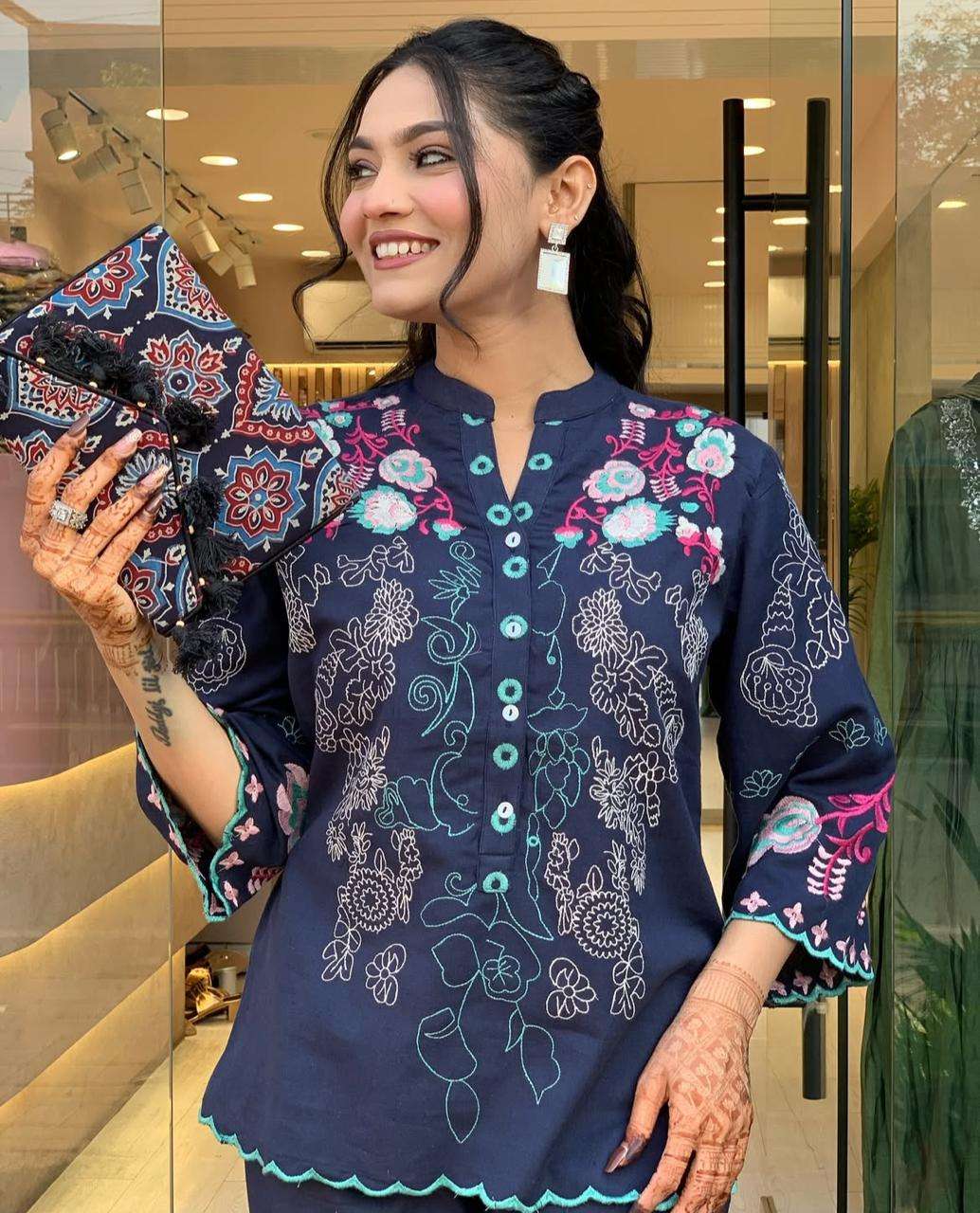 Women's Cotton Embroidery Straight Kurti With Pant Set