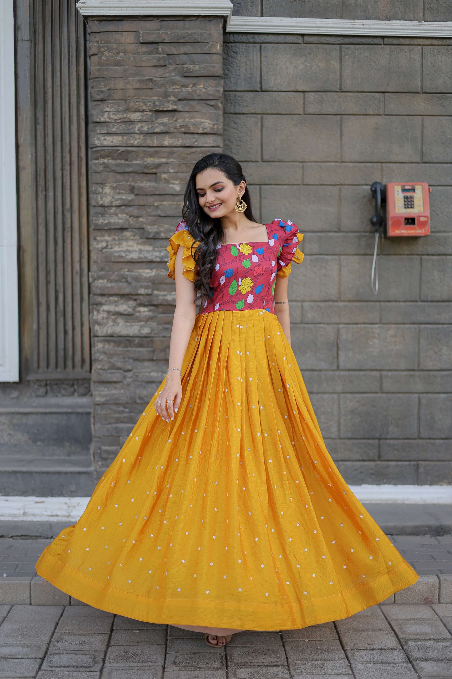 Yellow Maslin & Chinon Designer Gown with Embroidery  Elegant Ready-to-Wear Womens Dress