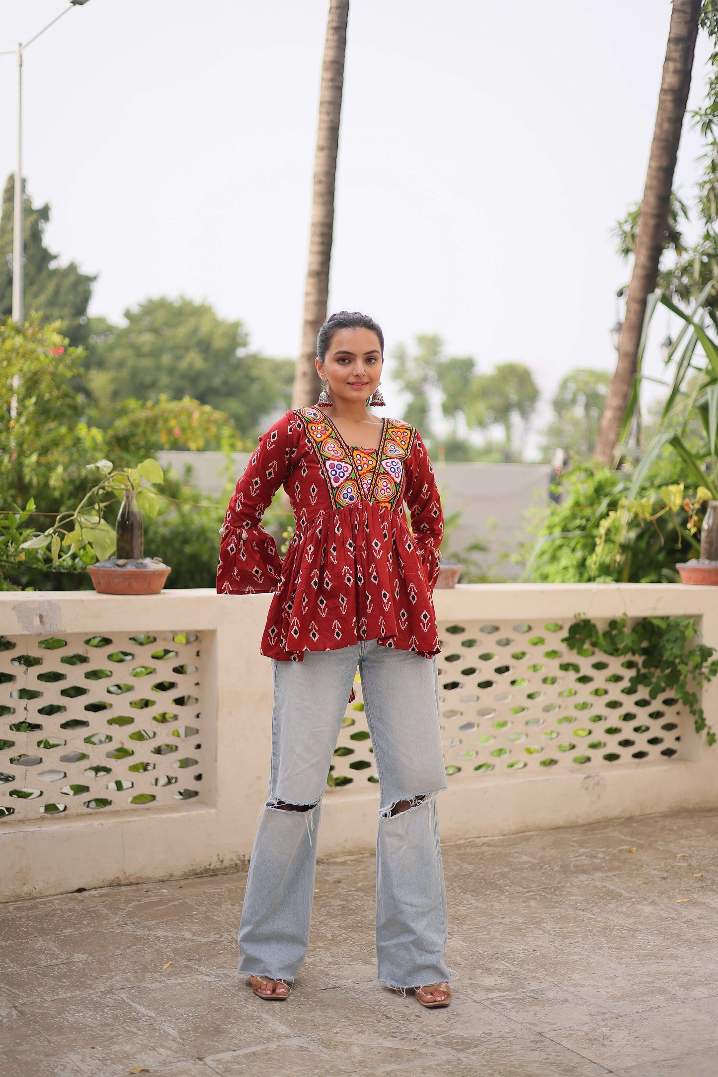 Maroon Cotton Printed Navratri Top with Kutchi Patch Work & Patterned Neck – Ethnic Festive Wear for Women