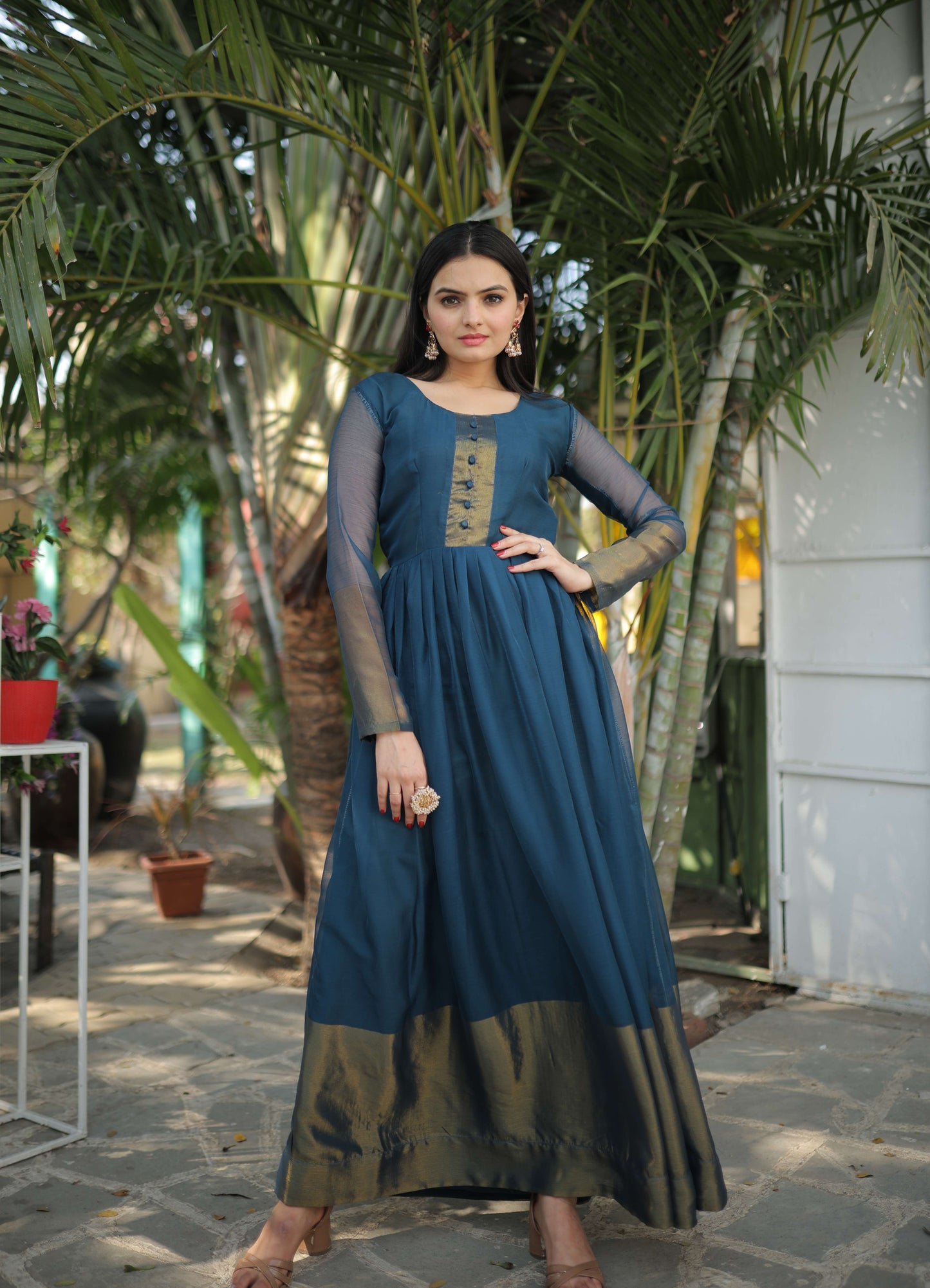 Rama Elegant Chiffon Designer Gown with Golden Zari Patta  Premium Ready-to-Wear Dress