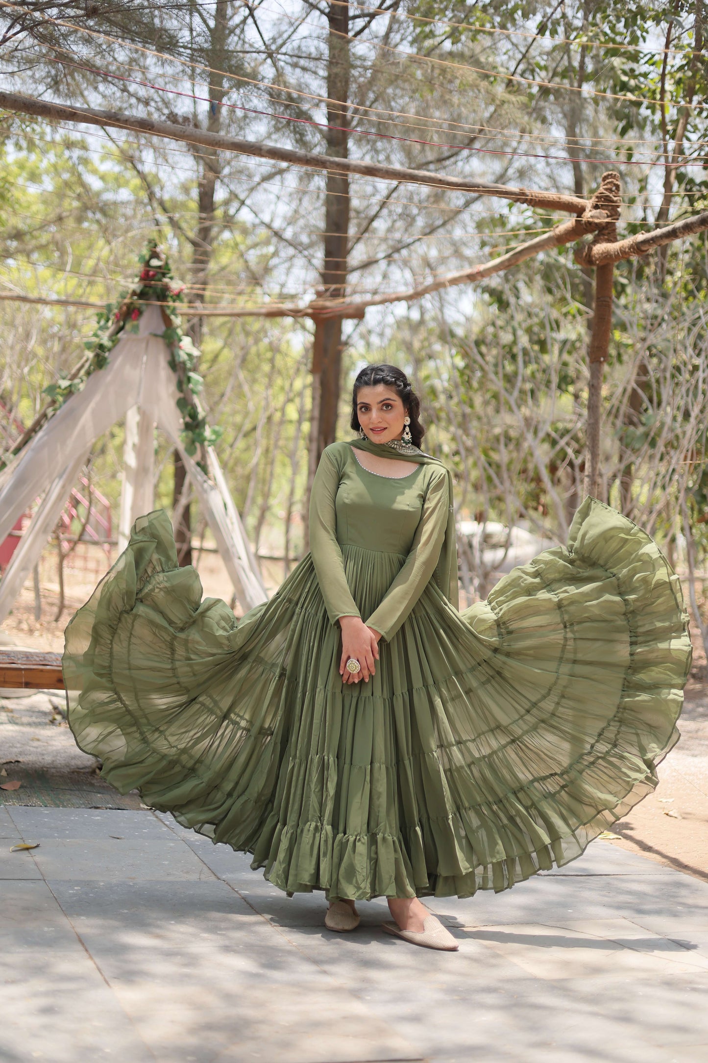 Mehandi Premium Faux Georgette Designer Gown with Sequined Dupatta  Fully Flaired Ready-to-Wear Set