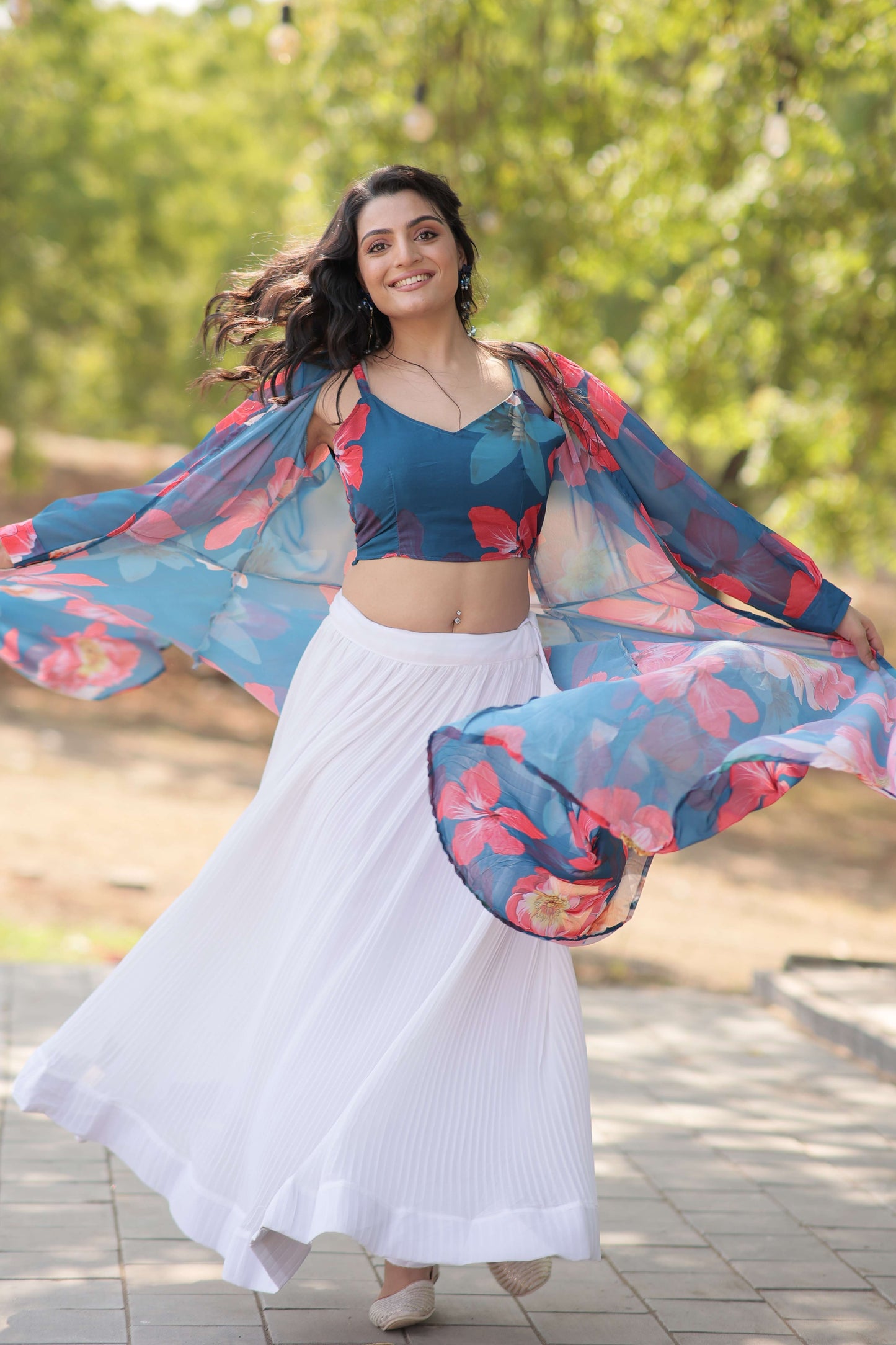 Faux Georgette Lehenga Choli with Digital Flower Print Shrug