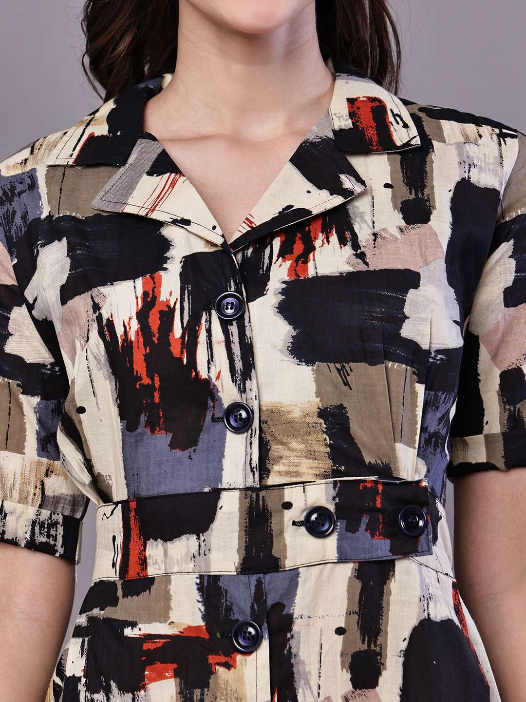 Women's Beige & Black Abstract Print Cotton Shirt Dress Midi Dresses
