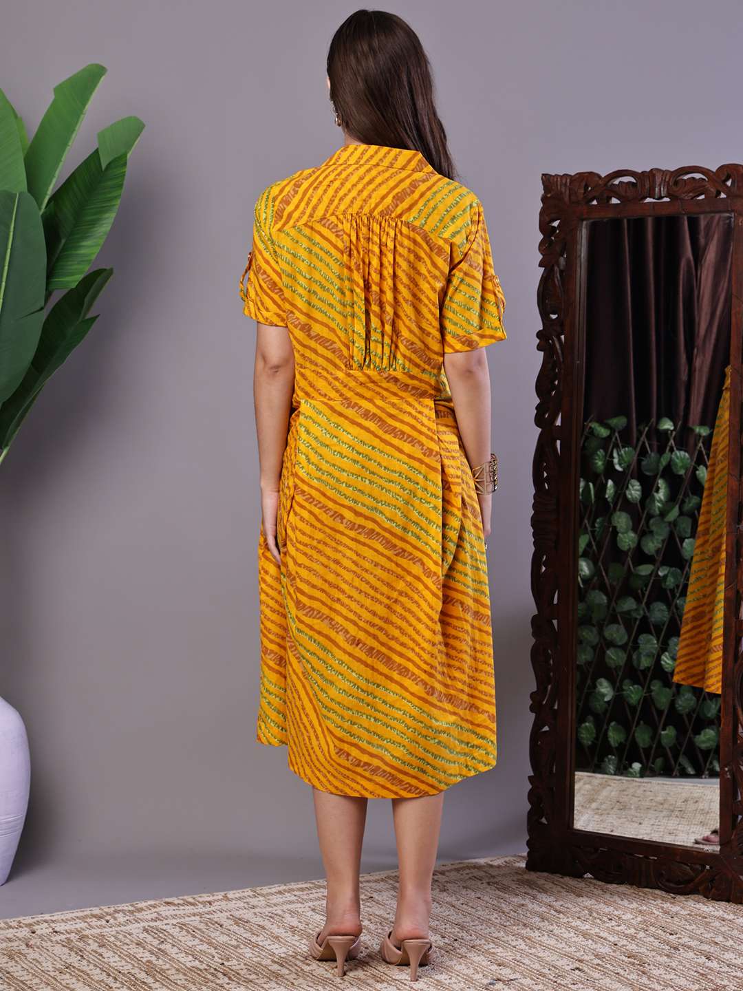 Women's Yellow Printed Cotton Shirt Dress