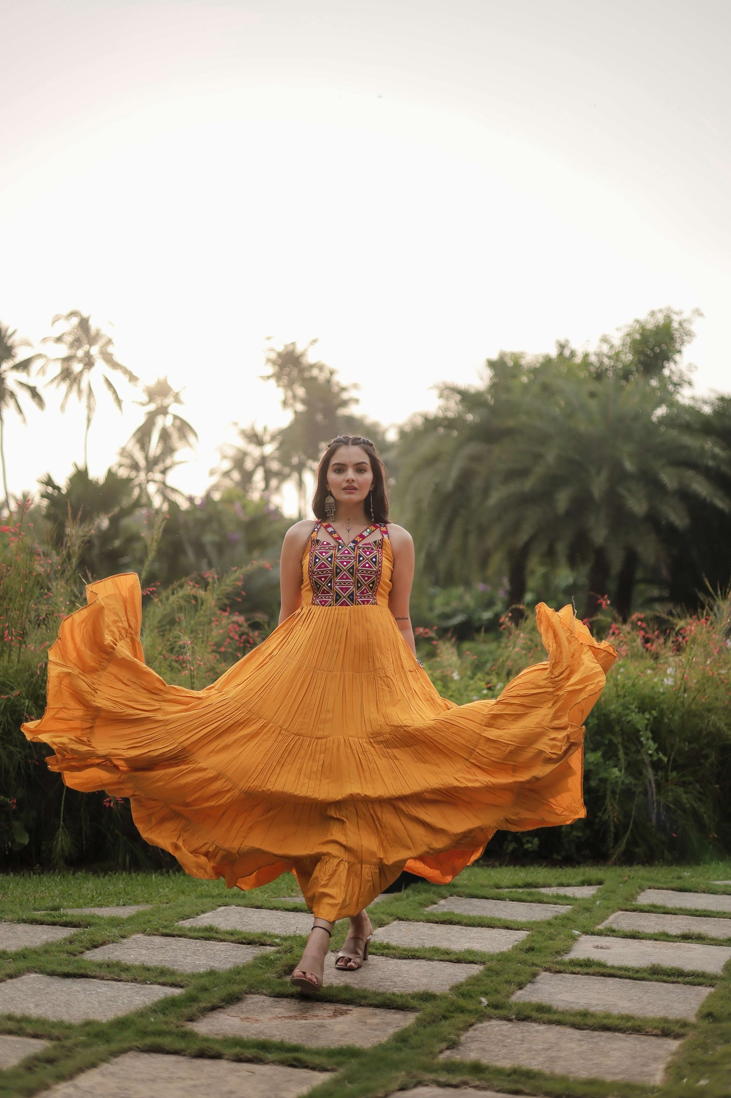 Yellow Navratri Reyon Gown with Kutchi Gamthi Work  Fully Flared Designer Dress
